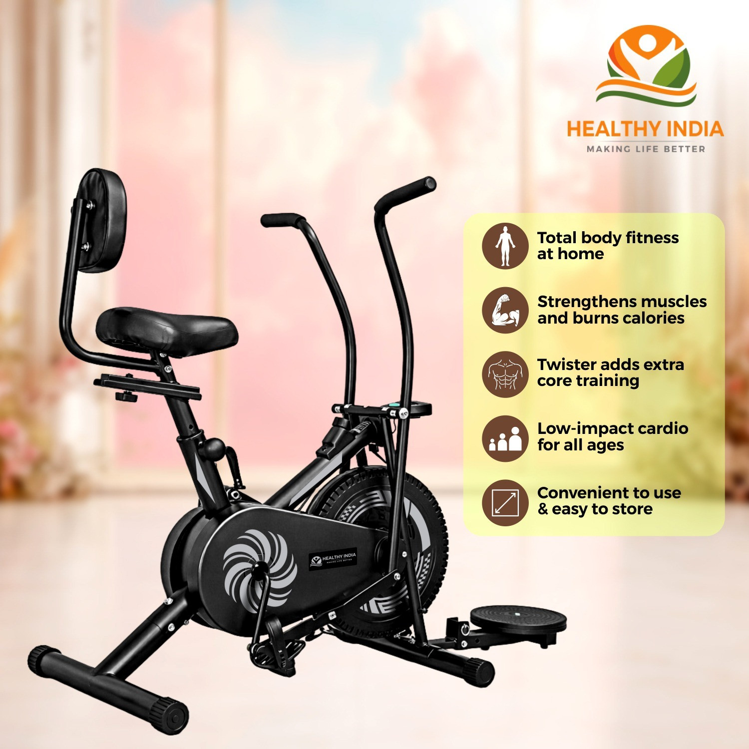 Image of HEALTHYINDIA Exercise Bike Moving Handle 8 Levels Resistance Twister Back Rest Cardio Workout Dual-Action Stationary Exercise Bike