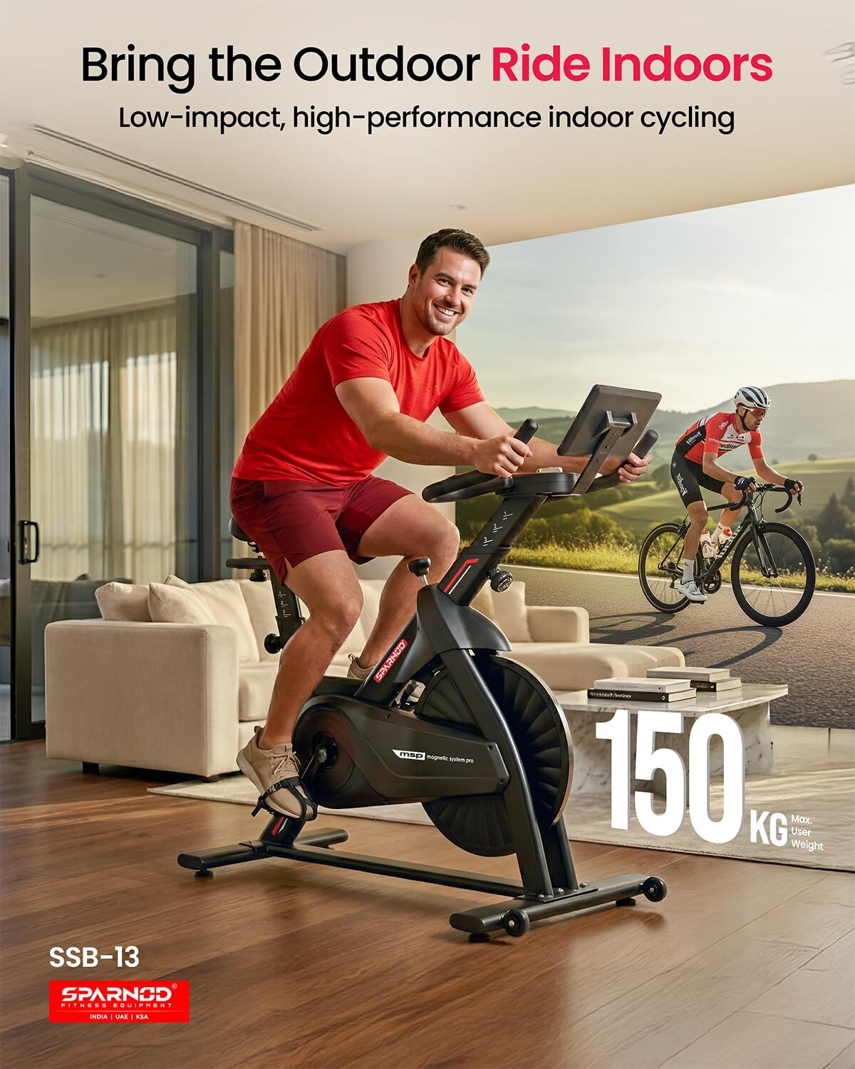 Image of Sparnod Fitness SSB-13 Spin Bike for Home Gym with 6kg Flywheel, Magnetic Resistance & LCD Upright Stationary Exercise Bike