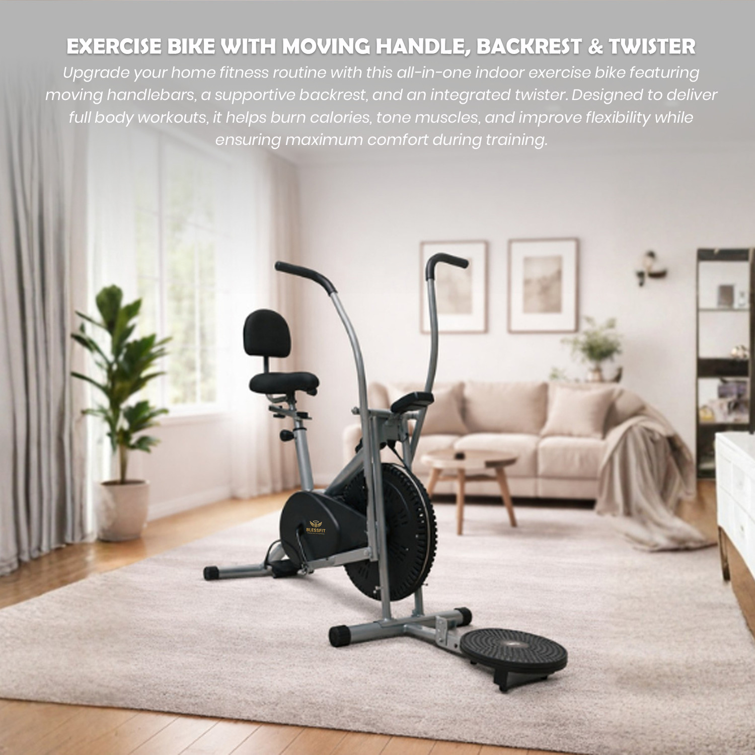 Image of BLESSFIT Exercise Bike Dual Action Moving Handle Cardio Cycle with Backrest & Twister Dual-Action Stationary Exercise Bike