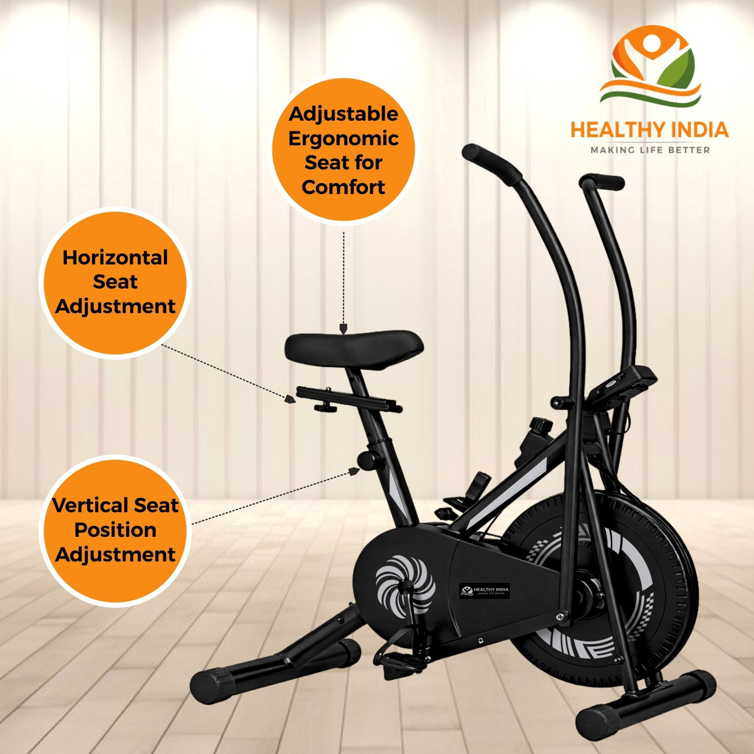 Image of HEALTHYINDIA Fitness Exercise Bike Moving Handle 8 Level Resistance Cardio Workout Cycle Dual-Action Stationary Exercise Bike
