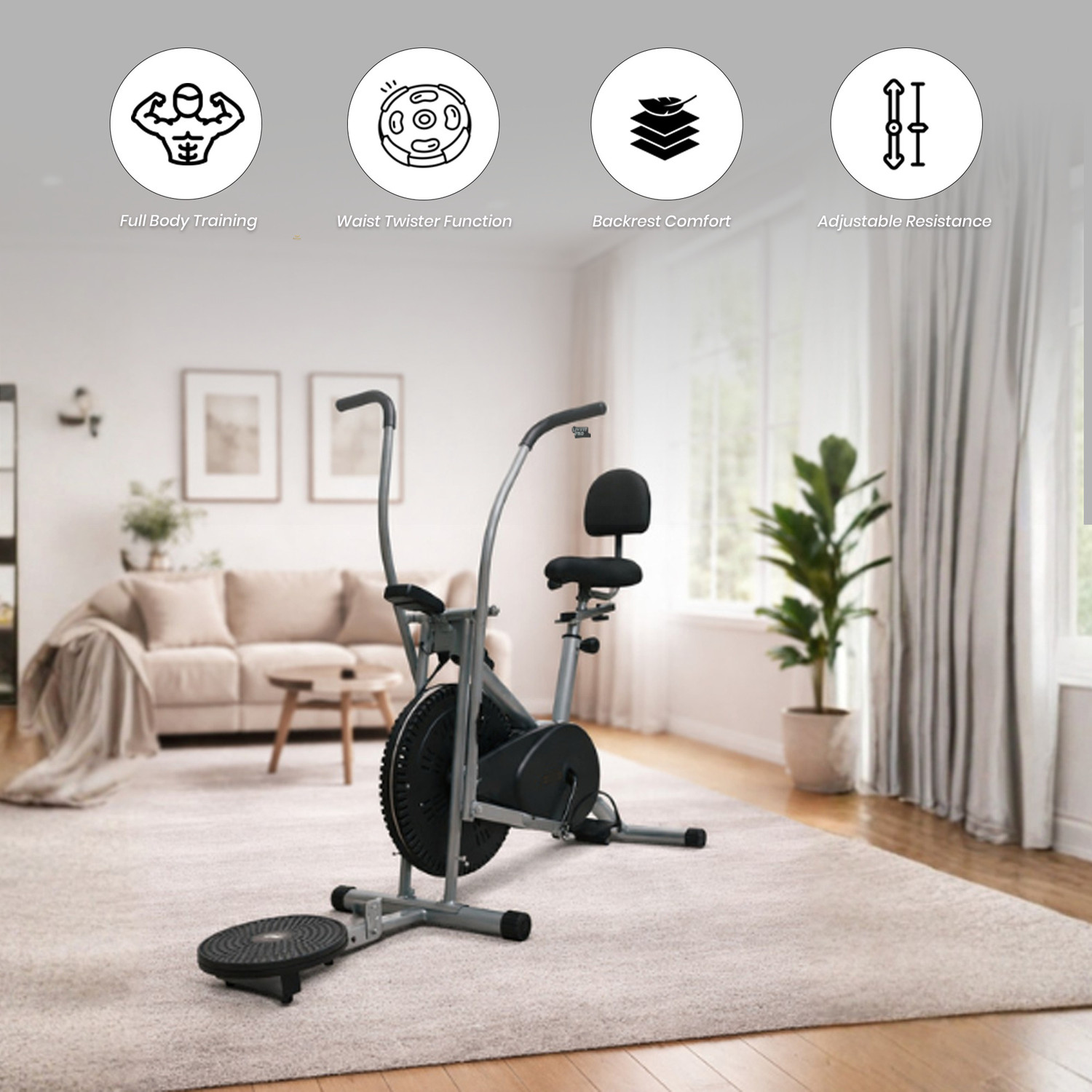 Image of BLESSFIT Exercise Bike Dual Action Moving Handle Cardio Cycle with Backrest & Twister Dual-Action Stationary Exercise Bike