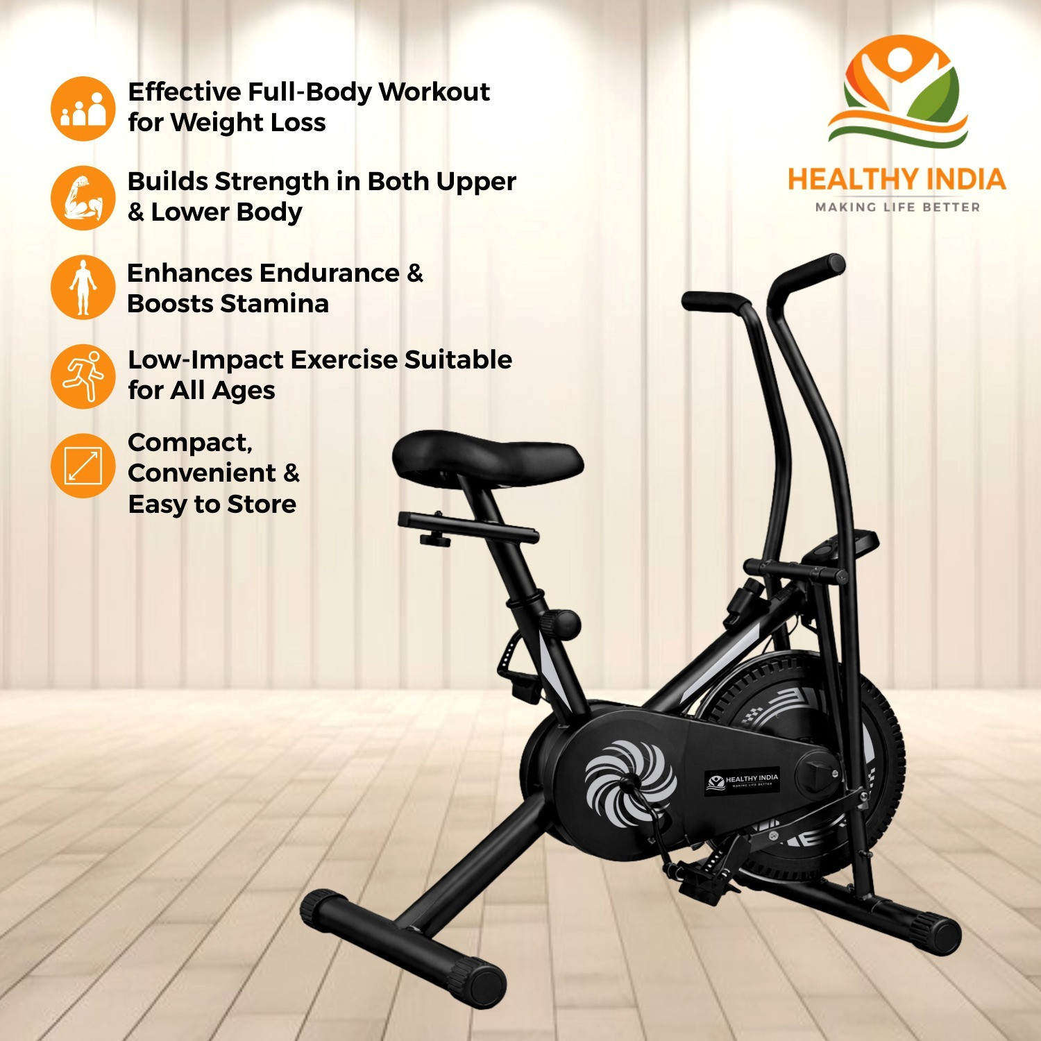 Image of HEALTHYINDIA Fitness Exercise Bike Moving Handle 8 Level Resistance Cardio Workout Cycle Dual-Action Stationary Exercise Bike