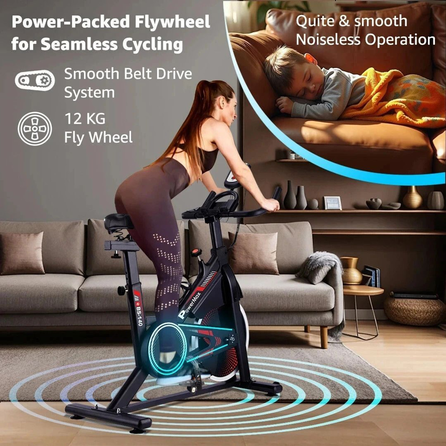 Image of Powermax Fitness BS-140 with Device Holder Pulse Sensor 12kg Flywheel for Home Workout Upright Stationary Exercise Bike