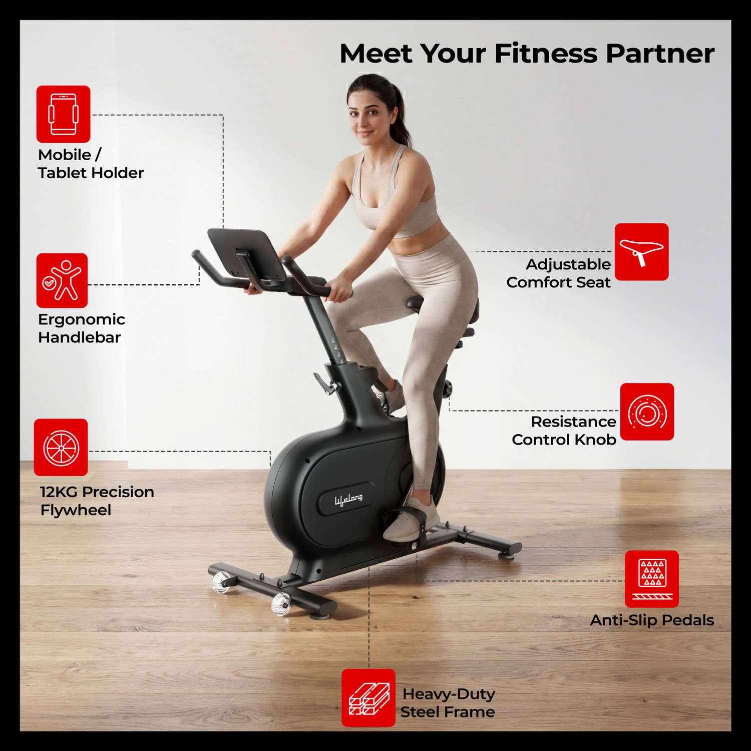 Image of Lifelong Magnetic Spin Fitness Bike with 12Kg Flywheel for home workout Upright Stationary Exercise Bike