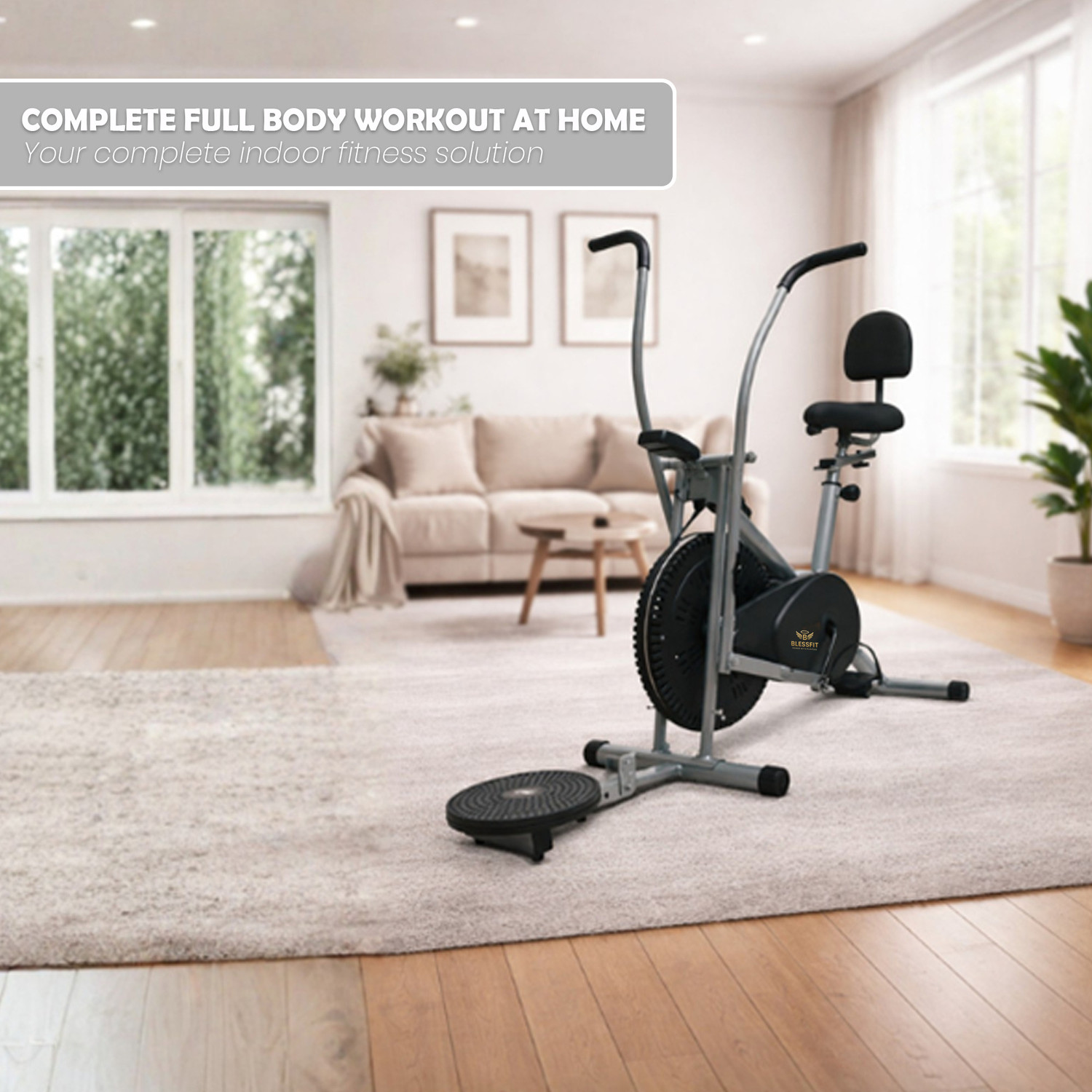 Image of BLESSFIT Exercise Bike Dual Action Moving Handle Cardio Cycle with Backrest & Twister Dual-Action Stationary Exercise Bike