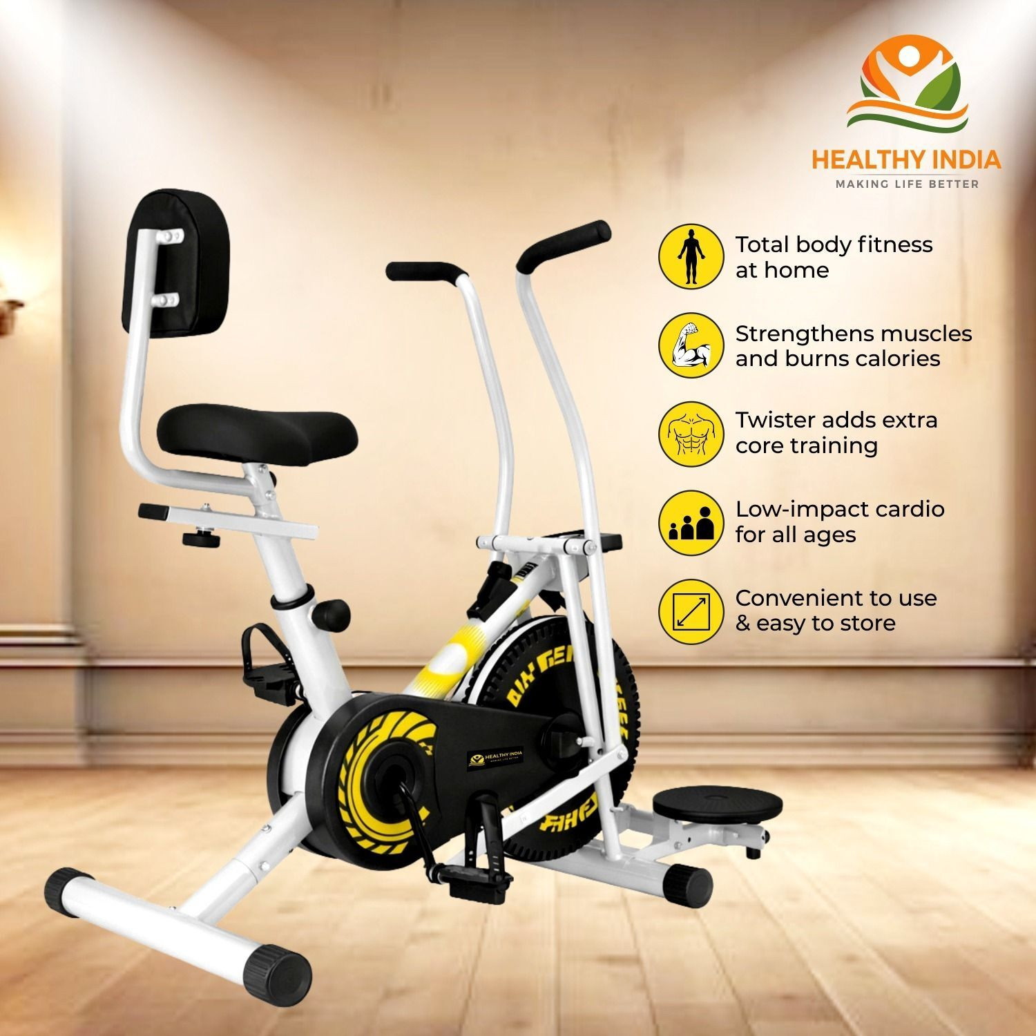 Image of HEALTHYINDIA Exercise Bike Moving Handle Twister & Backrest with Resistance & Display Meter Dual-Action Stationary Exercise Bike