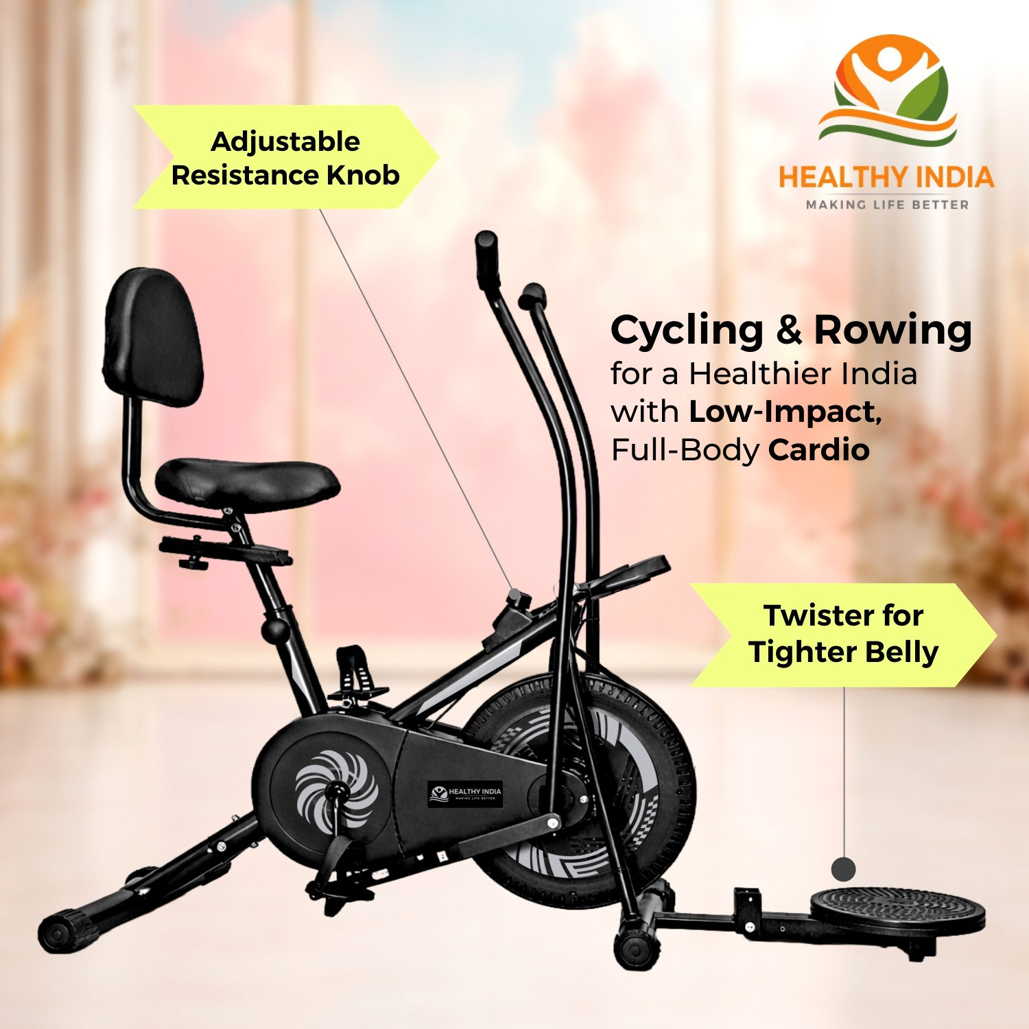 Image of HEALTHYINDIA Exercise Bike Moving Handle 8 Levels Resistance Twister Back Rest Cardio Workout Dual-Action Stationary Exercise Bike