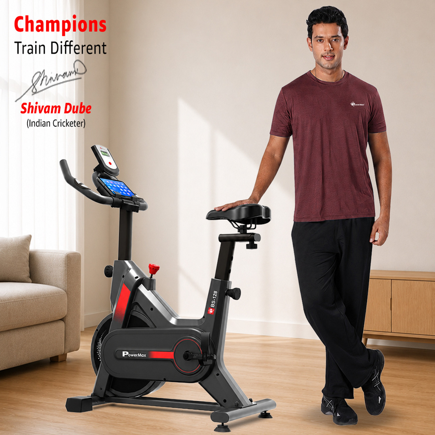 Image of Powermax Fitness BS-128 Home Gym Cycle with Adjustable Seat Device Holder 6kg Flywheel Spinner Exercise Bike