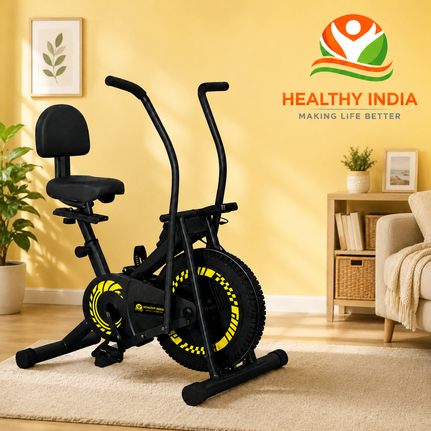 Image of HEALTHYINDIA Exercise Bike with Moving Handle & Backrest for Home Cardio Workout Dual-Action Stationary Exercise Bike