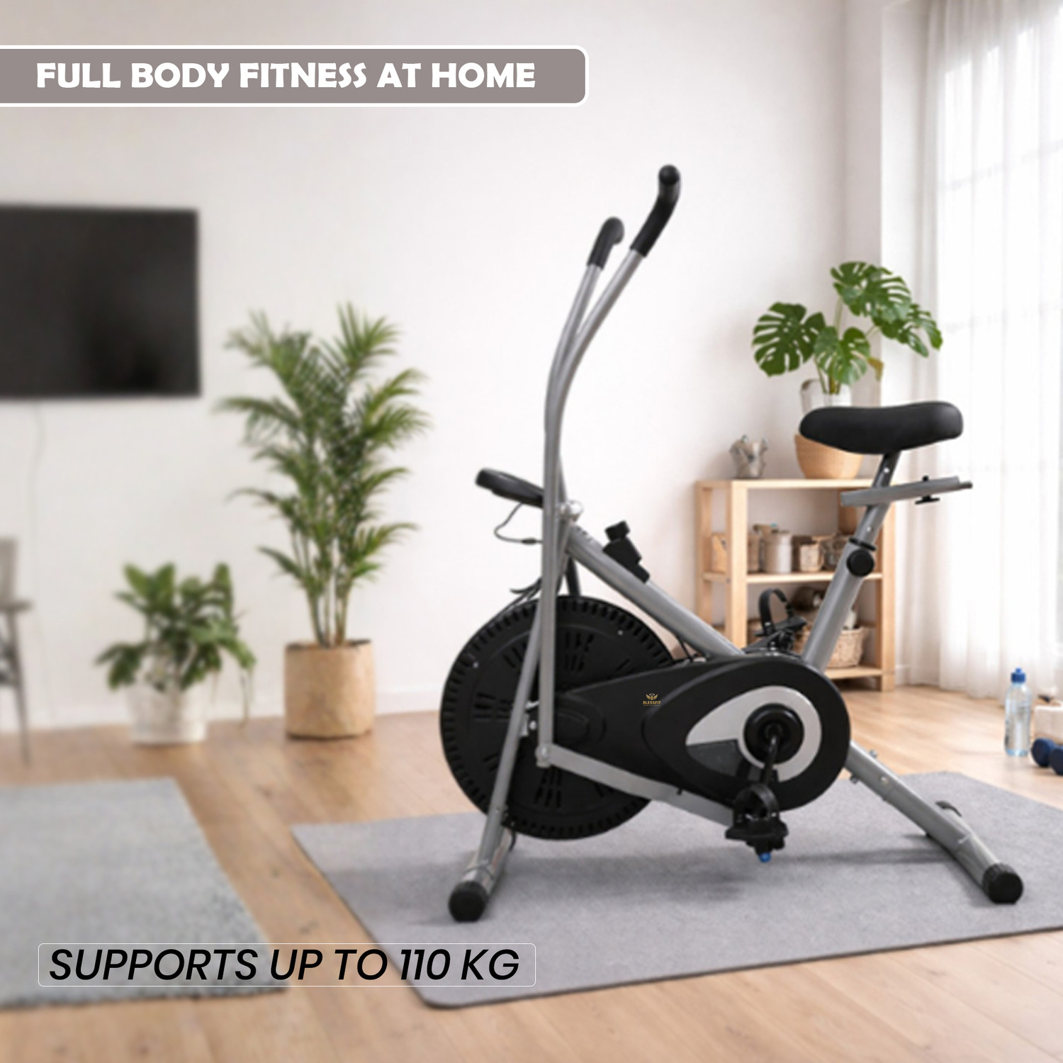 Image of BLESSFIT Exercise Bike Moving Handle Cardio Workout Dual Action Cycle with Meter Dual-Action Stationary Exercise Bike (Black)