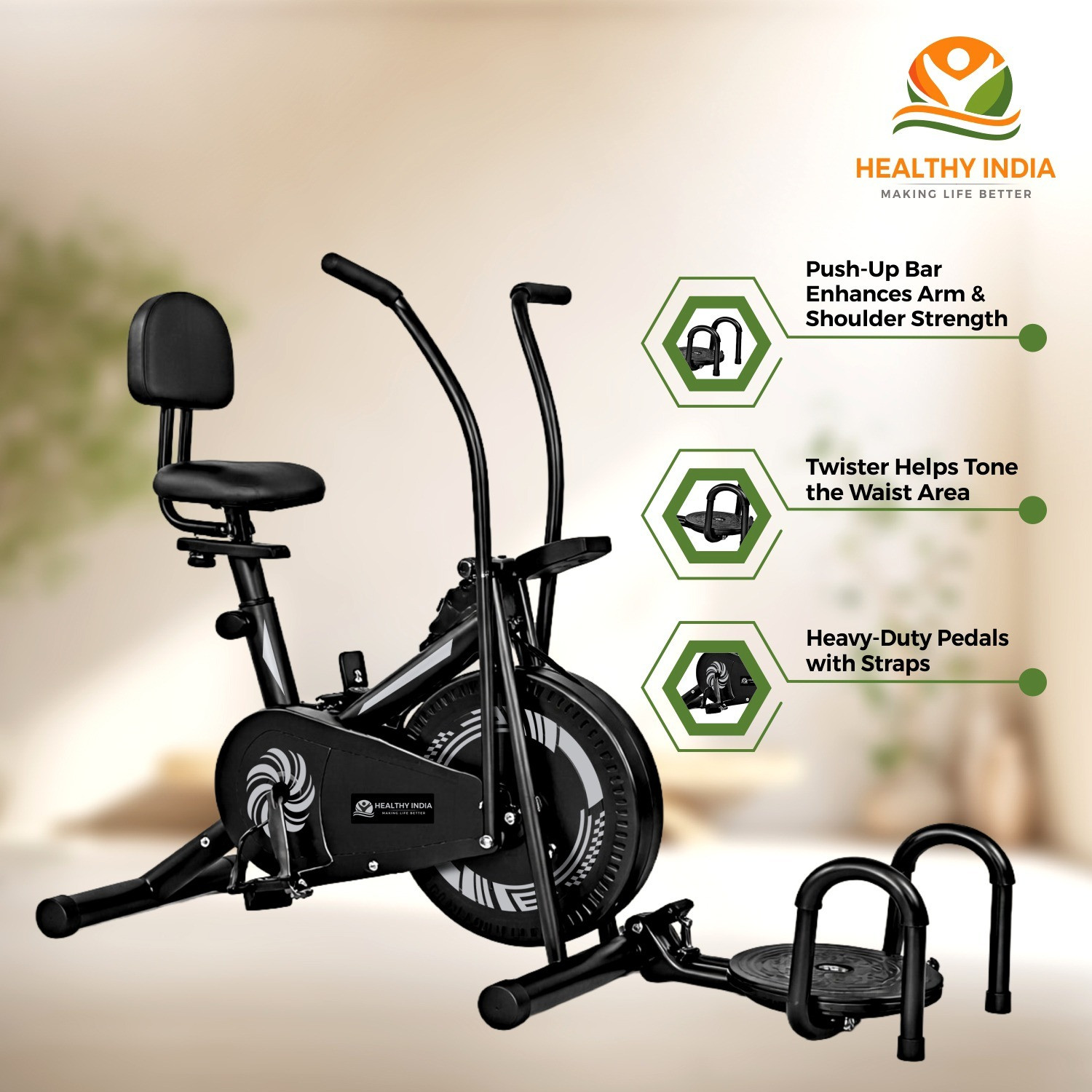 Image of HEALTHYINDIA Exercise Bike 8 Level Resistance Moving Handle Twister PushUp Back Rest Support Dual-Action Stationary Exercise Bike
