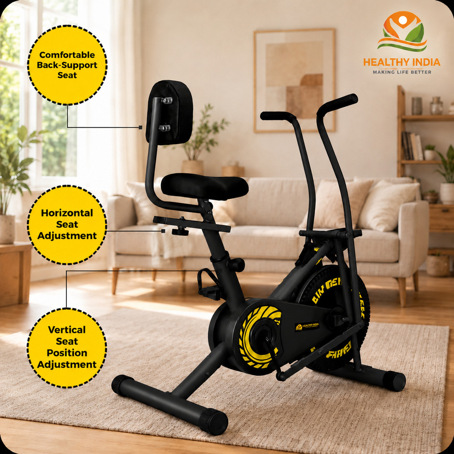 Image of HEALTHYINDIA Exercise Bike with Moving Handle & Backrest for Home Cardio Workout Dual-Action Stationary Exercise Bike