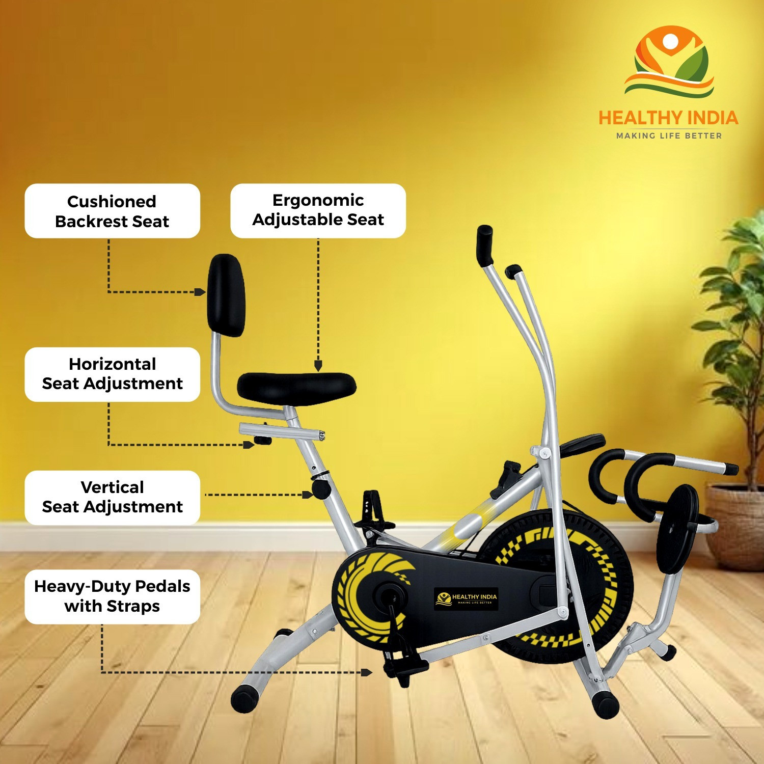 Image of HEALTHYINDIA Exercise Bike Moving Handle Twister Pushup Backrest, Resistance & Display Meter Dual-Action Stationary Exercise Bike