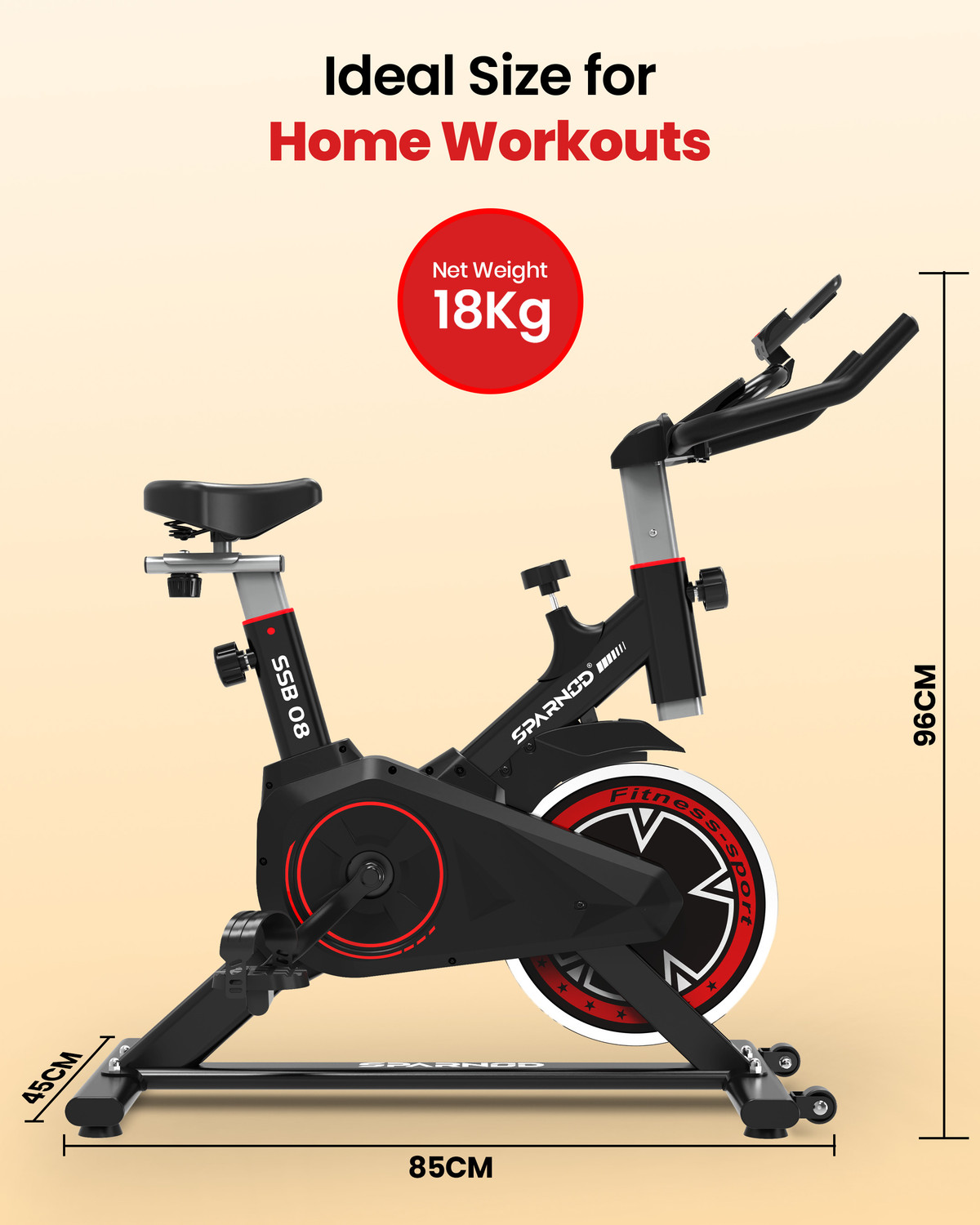 Image of Sparnod Fitness SSB-08 Cycle for Home Gym with 8kg Flywheel LED Display Pulse Sensor Silent Belt Spinner Exercise Bike