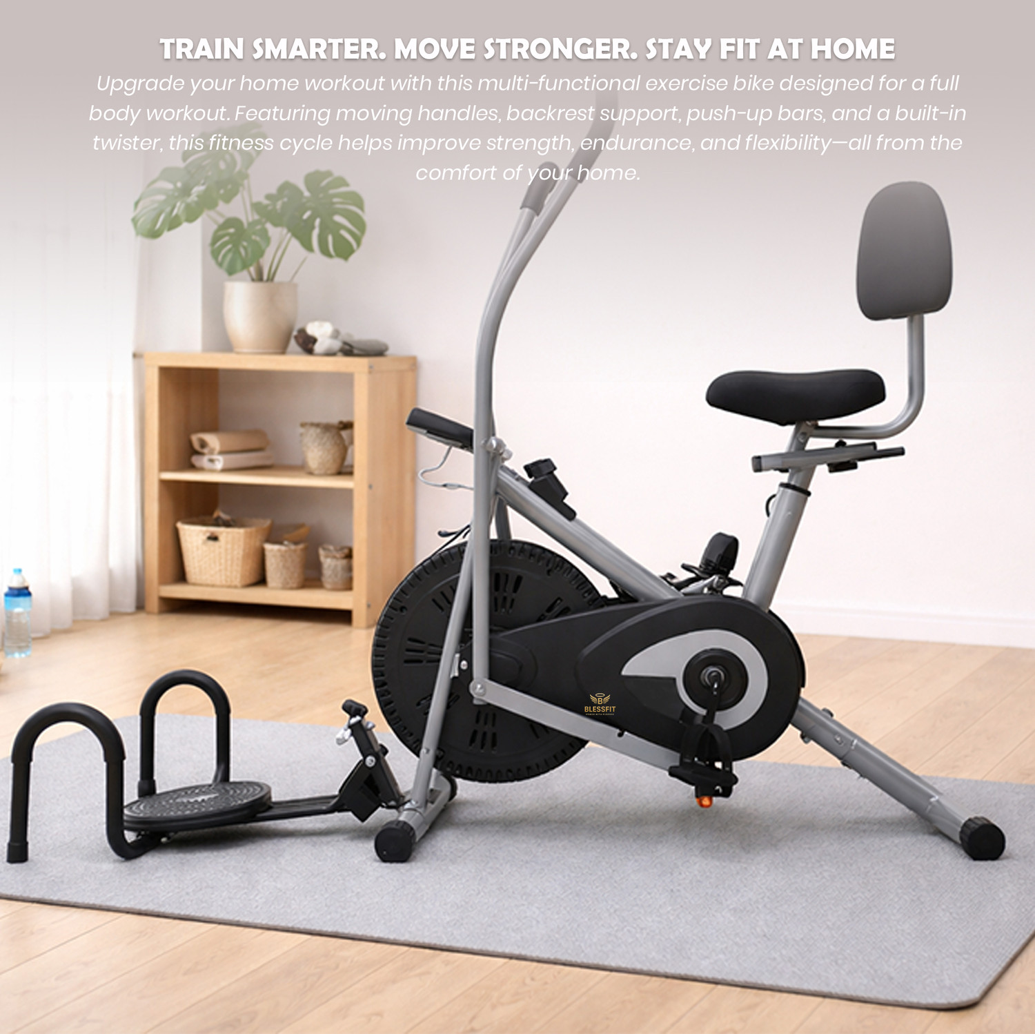 Image of BLESSFIT Exercise Bike Multi Moving Handle Cardio Cycle with Backrest Twister Pushup Dual-Action Stationary Exercise Bike