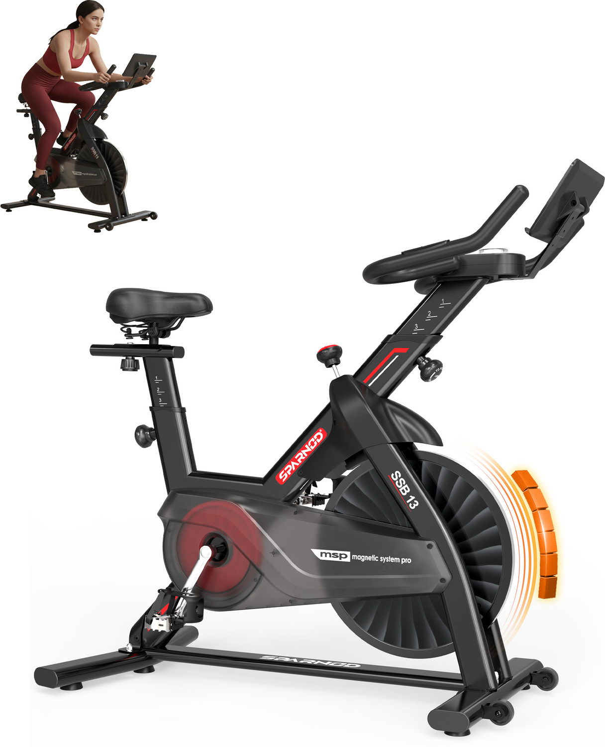 Image of Sparnod Fitness SSB-13 Spin Bike for Home Gym with 6kg Flywheel, Magnetic Resistance & LCD Upright Stationary Exercise Bike