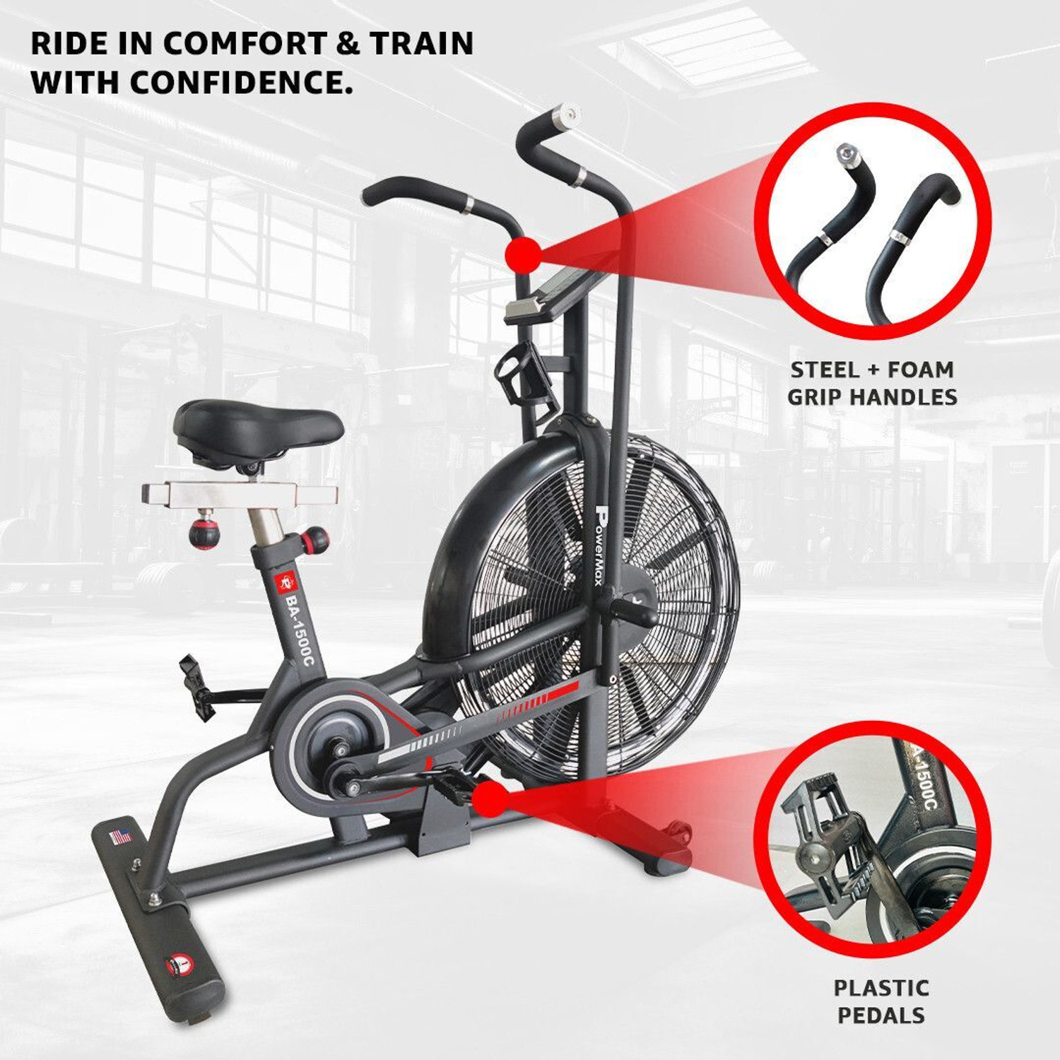 Image of Powermax Fitness BA-1500C Air Bike for Home-Gym, Belt & Chain Drive, 180kg max user Dual-Action Stationary Exercise Bike