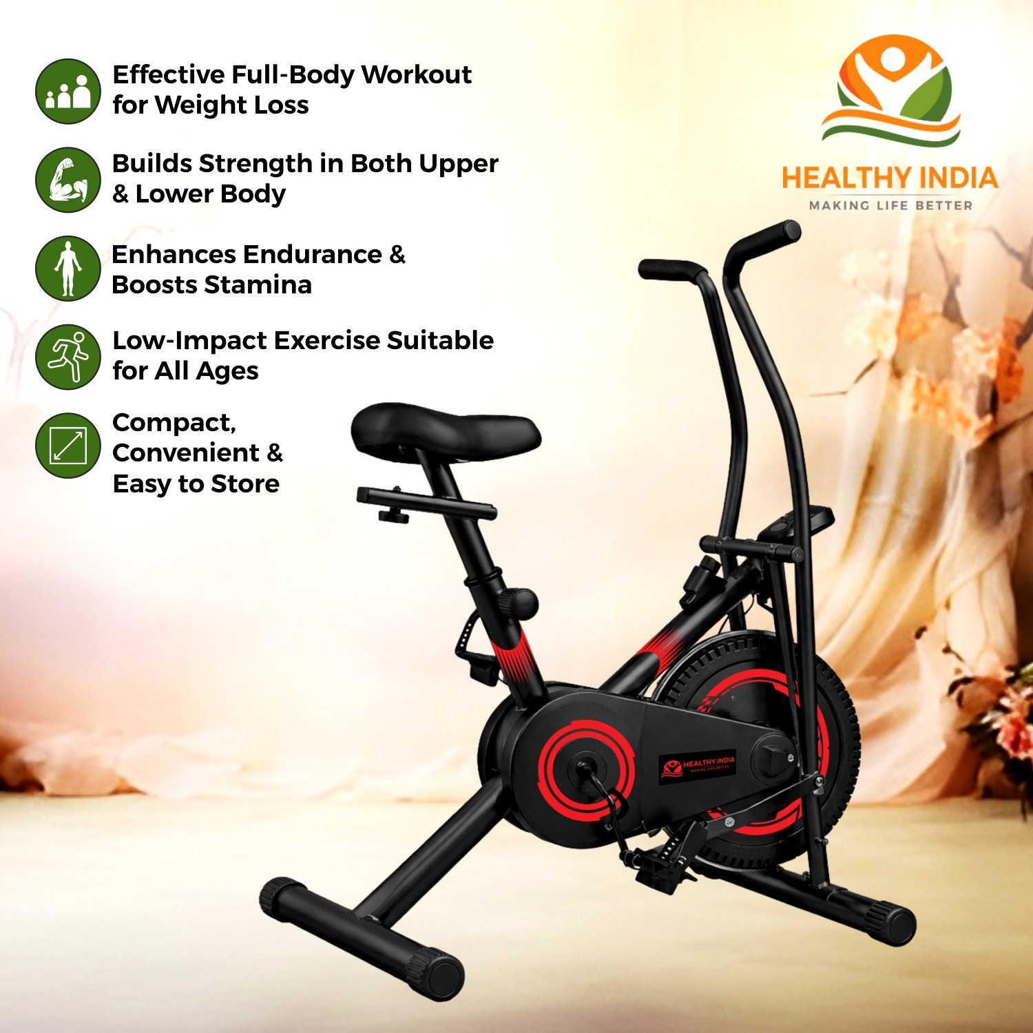 Image of HEALTHYINDIA Exercise Bike Adjustable Seat Moving Handle Indoor Cardio Workout Cycle for Home Dual-Action Stationary Exercise Bike