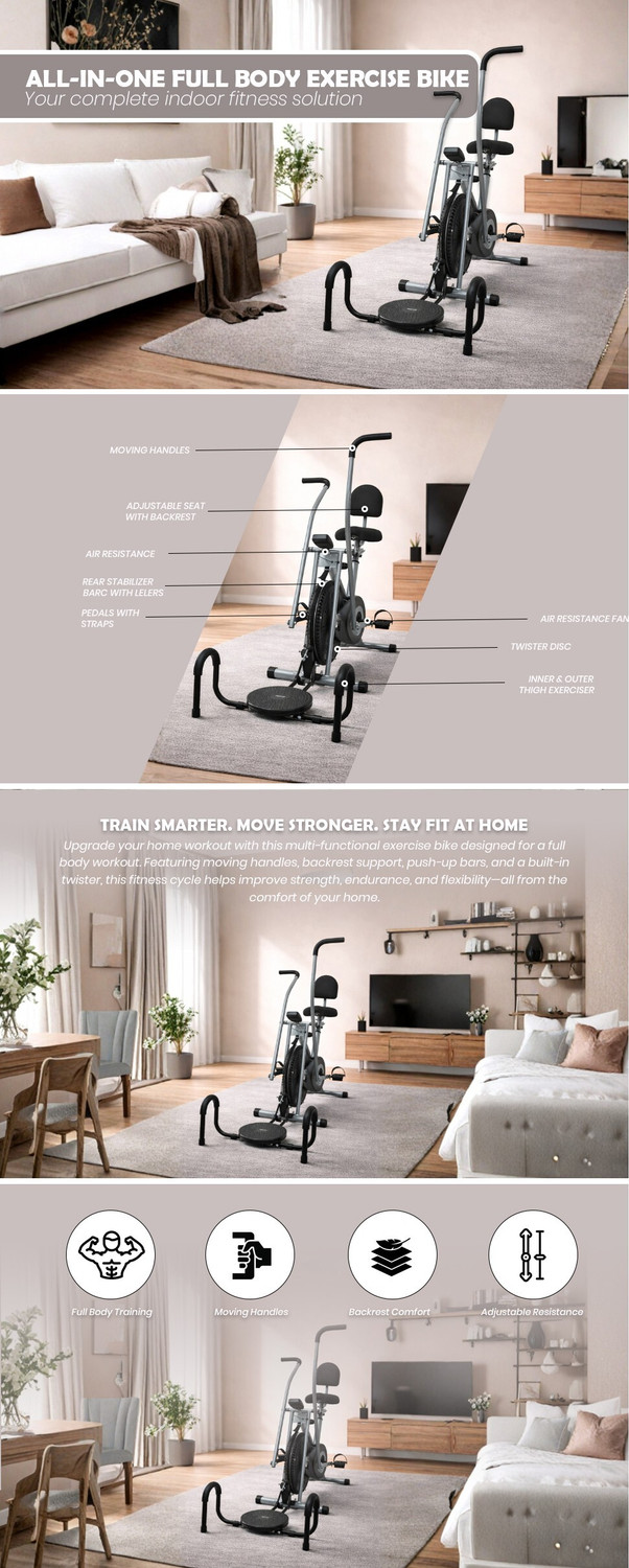 Image of BLESSFIT Exercise Bike Multi Moving Handle Cardio Cycle with Backrest Twister Pushup Dual-Action Stationary Exercise Bike
