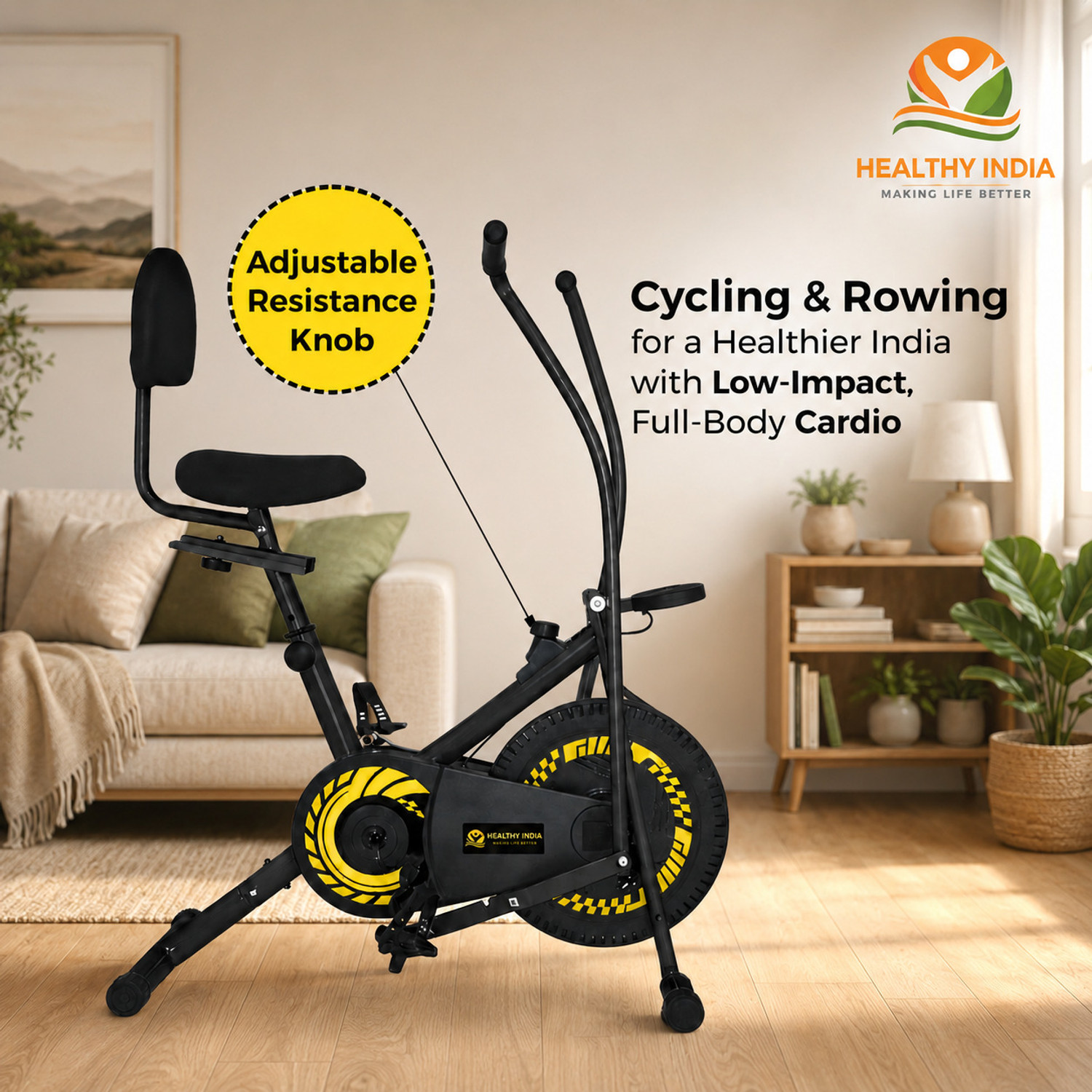Image of HEALTHYINDIA Exercise Bike with Moving Handle & Backrest for Home Cardio Workout Dual-Action Stationary Exercise Bike