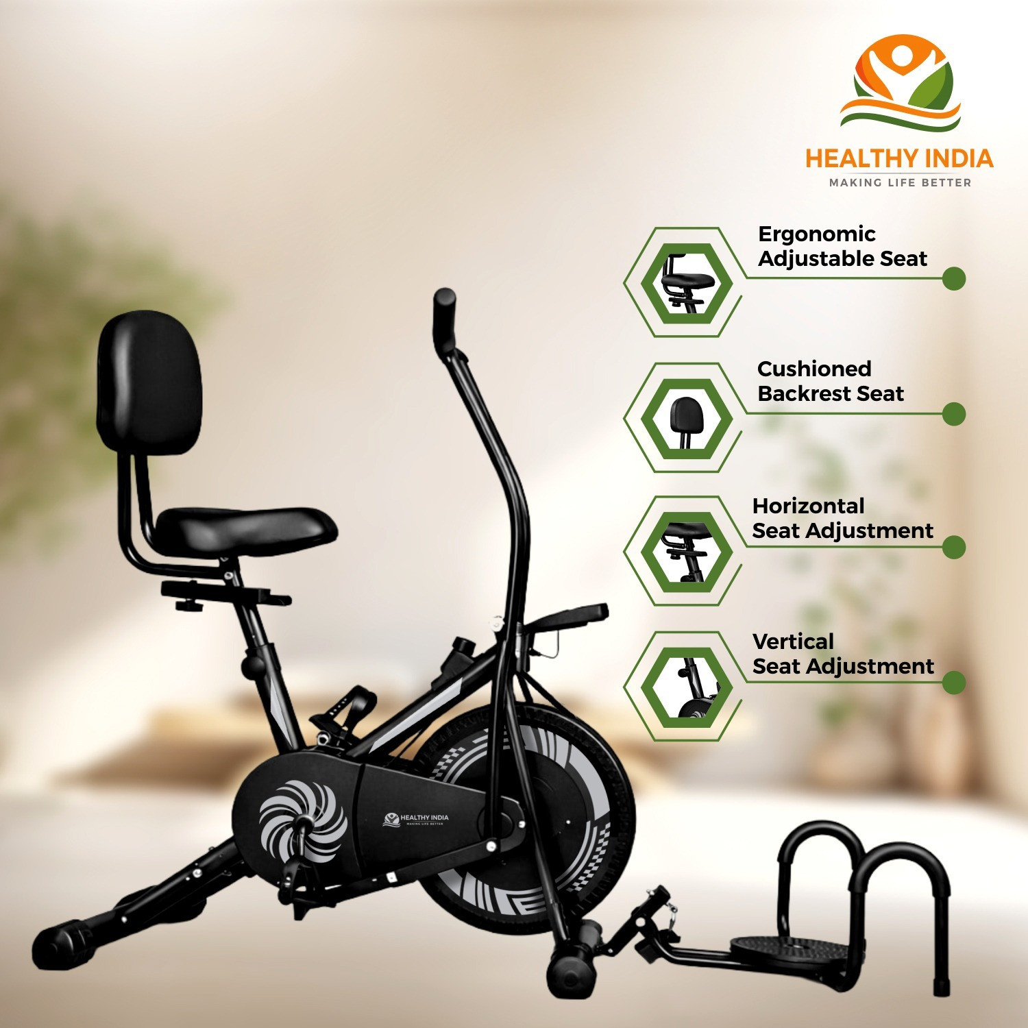 Image of HEALTHYINDIA Exercise Bike 8 Level Resistance Moving Handle Twister PushUp Back Rest Support Dual-Action Stationary Exercise Bike