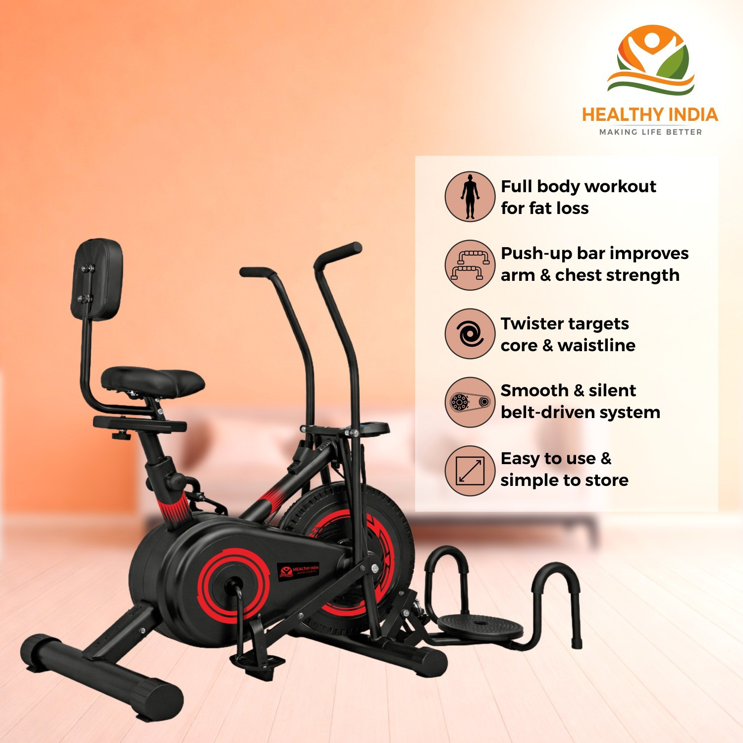 Image of HEALTHYINDIA Premium Exercise Bike 8 Levels Resistance Moving Handle Twister Backrest PushUp Dual-Action Stationary Exercise Bike