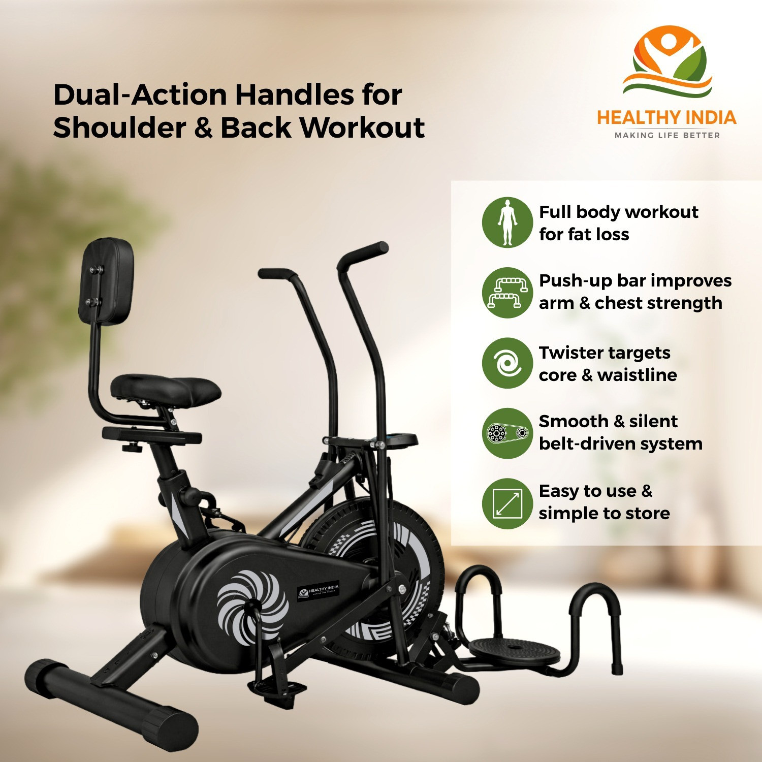 Image of HEALTHYINDIA Exercise Bike 8 Level Resistance Moving Handle Twister PushUp Back Rest Support Dual-Action Stationary Exercise Bike