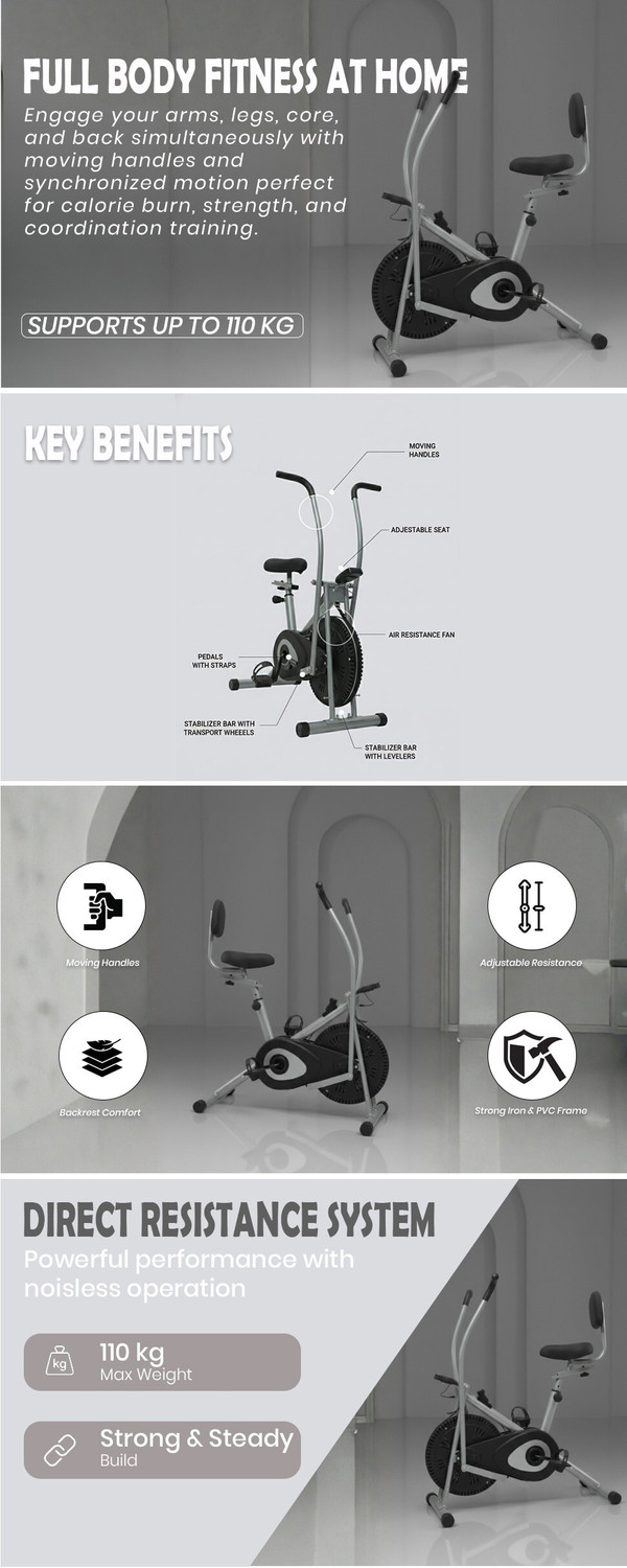 Image of BLESSFIT Exercise Bike Dual Action Moving Handle Cardio Cycle with Meter & Backrest Dual-Action Stationary Exercise Bike