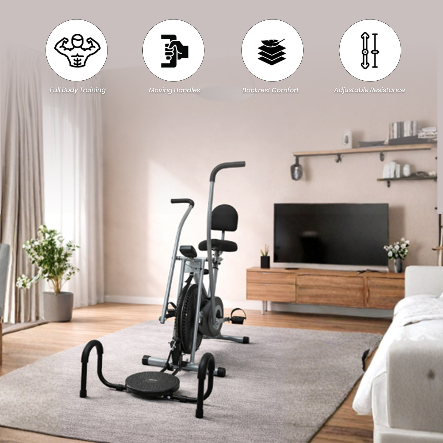 Image of BLESSFIT Exercise Bike Multi Moving Handle Cardio Cycle with Backrest Twister Pushup Dual-Action Stationary Exercise Bike