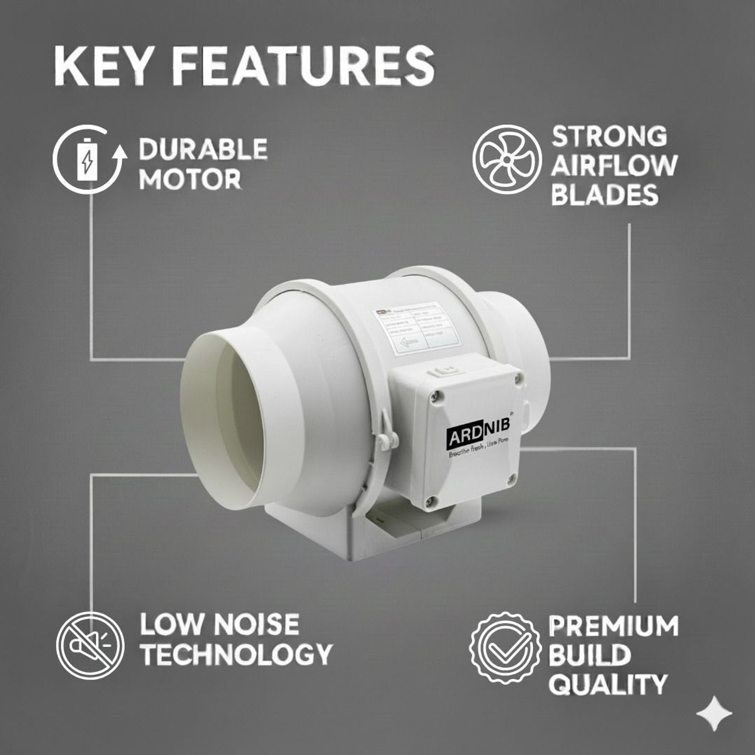 Image of Ardnib 4 inch100mm Inline Duct Fan /Silent | Low Noise | 100% Copper Motor | Copper Motor 100 mm Exhaust Fan