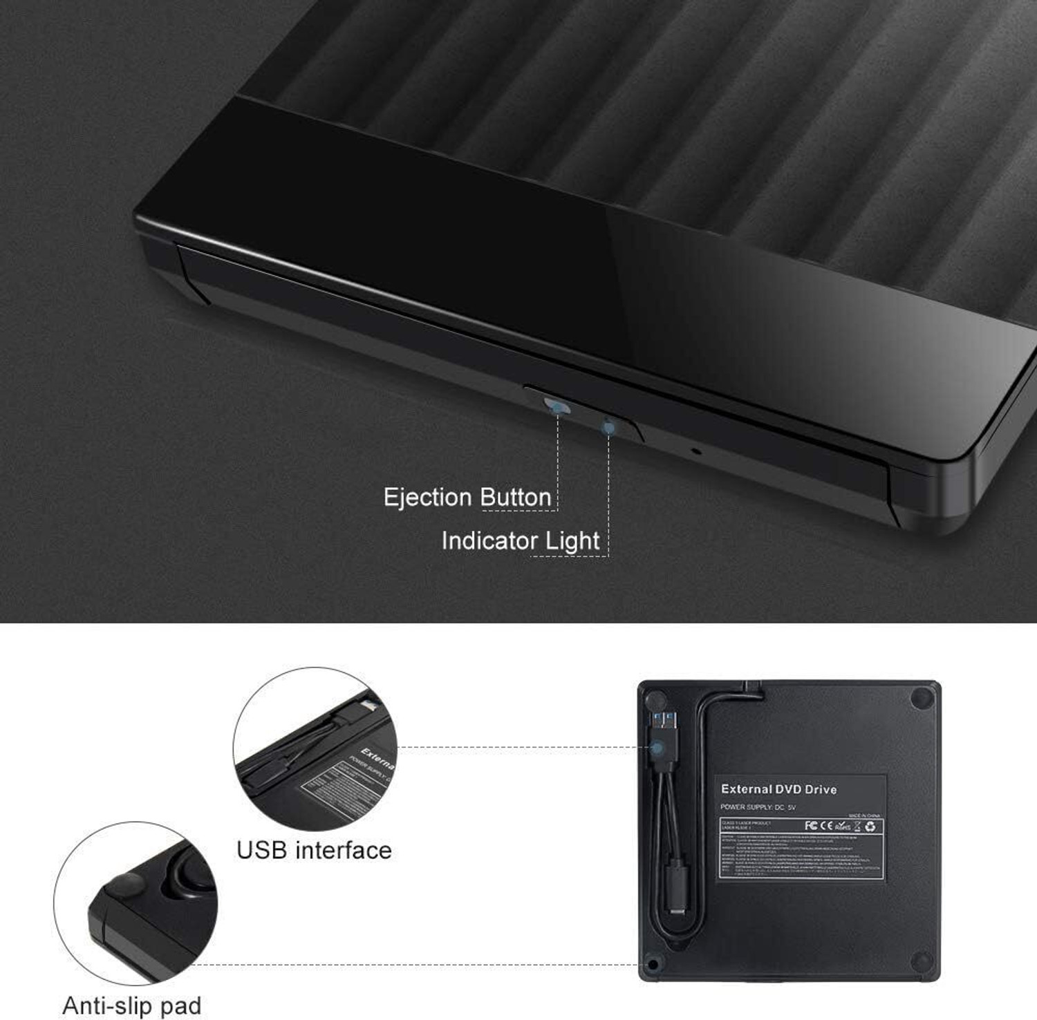 Image of FKU External CD DVD Drive, USB 3.0 with Type C Portable CD /DVD+ /-RW, Slim CD /VCD External DVD Writer