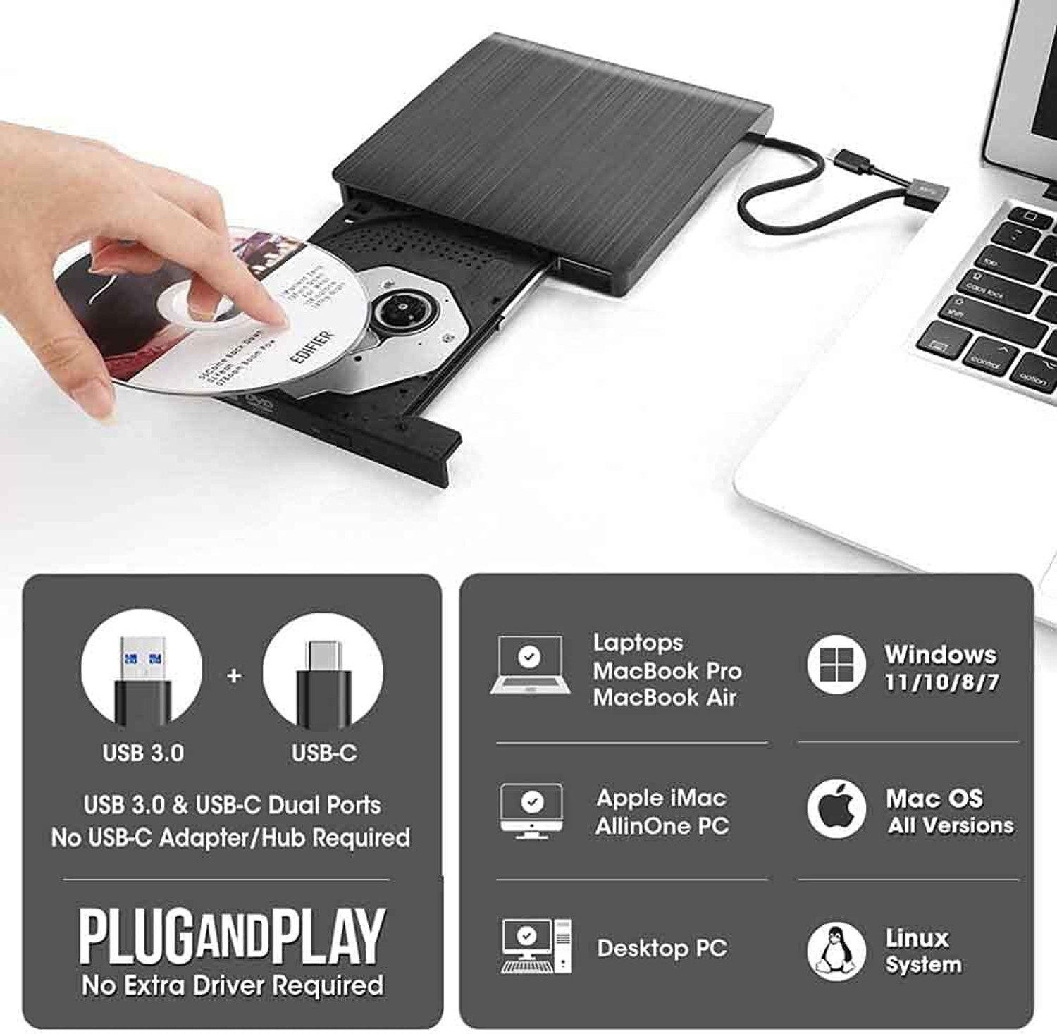 Image of LipiWorld External DVD USB 3.0 & USB-C Portable CD DVD Drive Player External DVD Writer