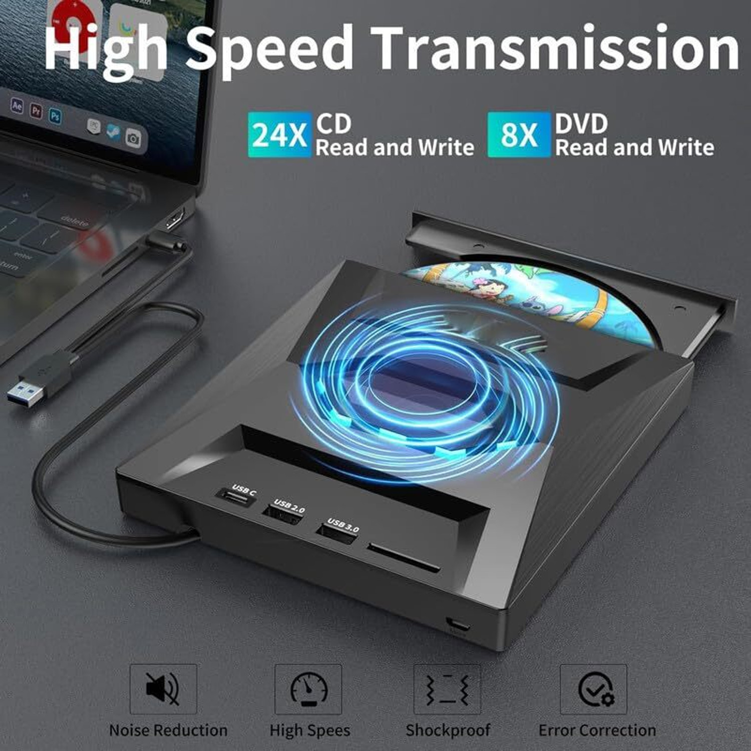 Image of Zeptrox Ultra Thin External DVD Writer - Portable DVD-RW for Laptop & PC External DVD Writer