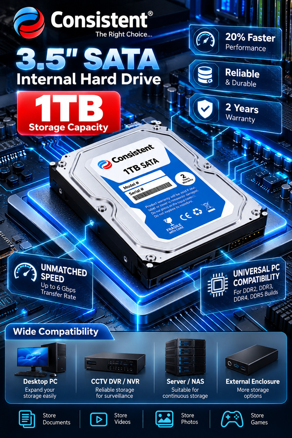 Image of consistant HARD DISK 1 TB All in One PC's, Desktop, Network Attached Storage, Servers, Surveillance Systems Silver SATA Internal Hard Disk Drive (HDD) (CT3001SC)