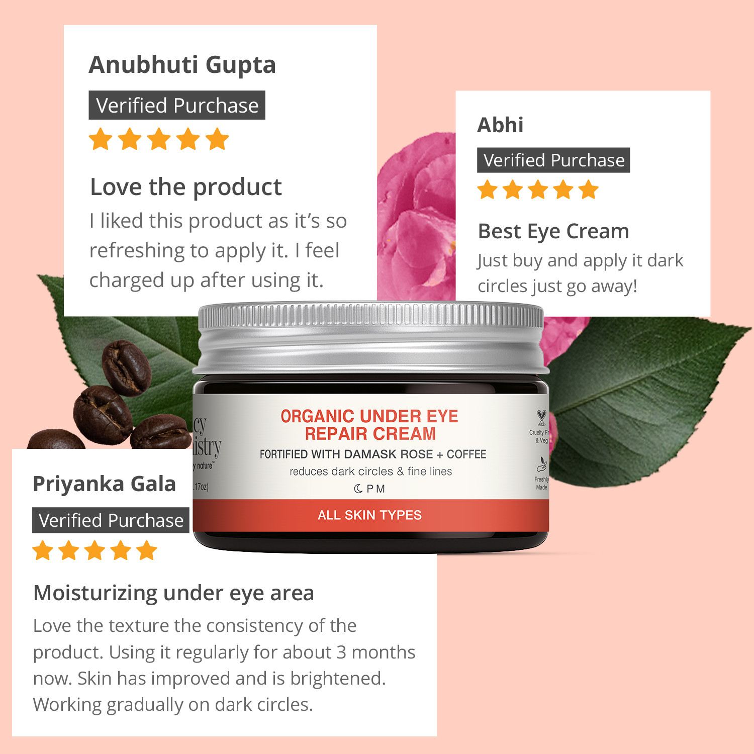 Image of Juicy Chemistry Damask Rose+Coffee Organic Under Eye Cream For Dark Circles, Wrinkles, Puffiness