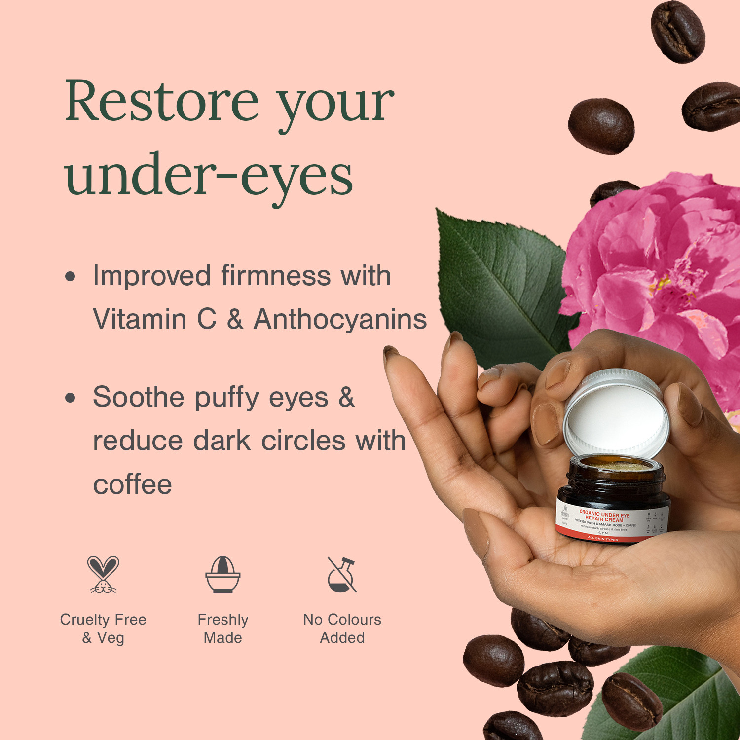 Image of Juicy Chemistry Damask Rose+Coffee Organic Under Eye Cream For Dark Circles, Wrinkles, Puffiness