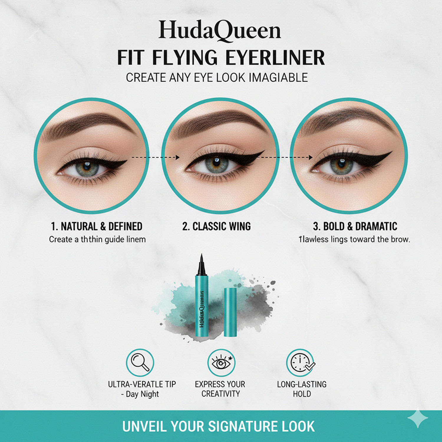 Image of HUDA QUEEN Black Waterproof Matte Liquid Eyeliner Bold Stroke 3 ml