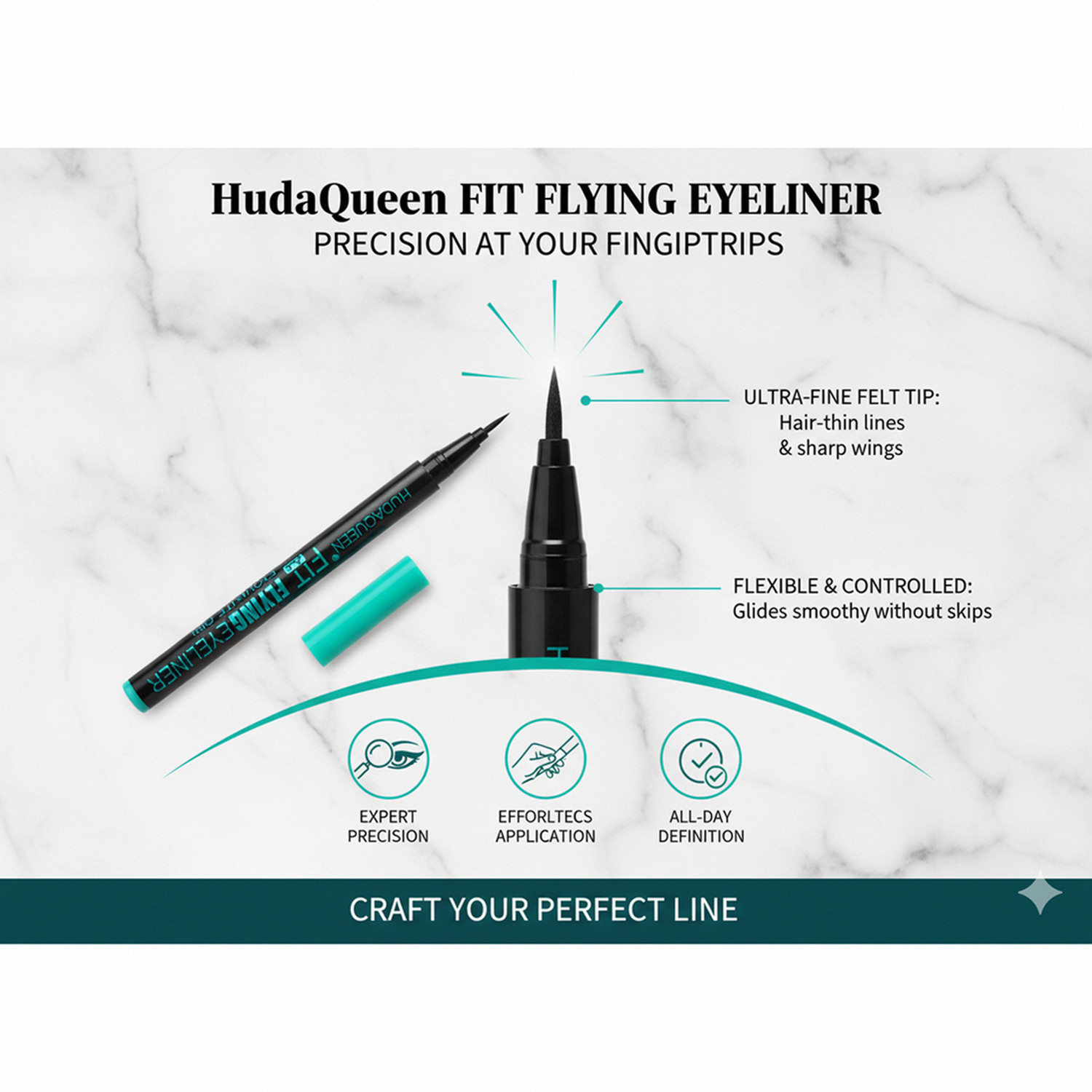Image of HUDA QUEEN Black Waterproof Matte Liquid Eyeliner Bold Stroke 3 ml