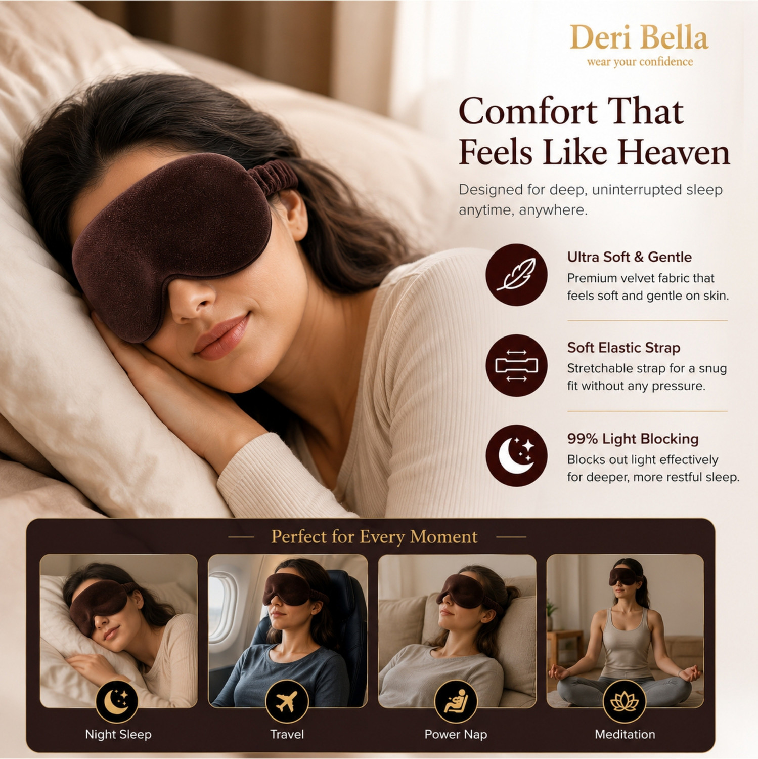 Image of Deri Bella Lifestyle Brown Premium Soft Velvet Sleep Eye Mask | Ultra Soft & Gentle Light Blocking