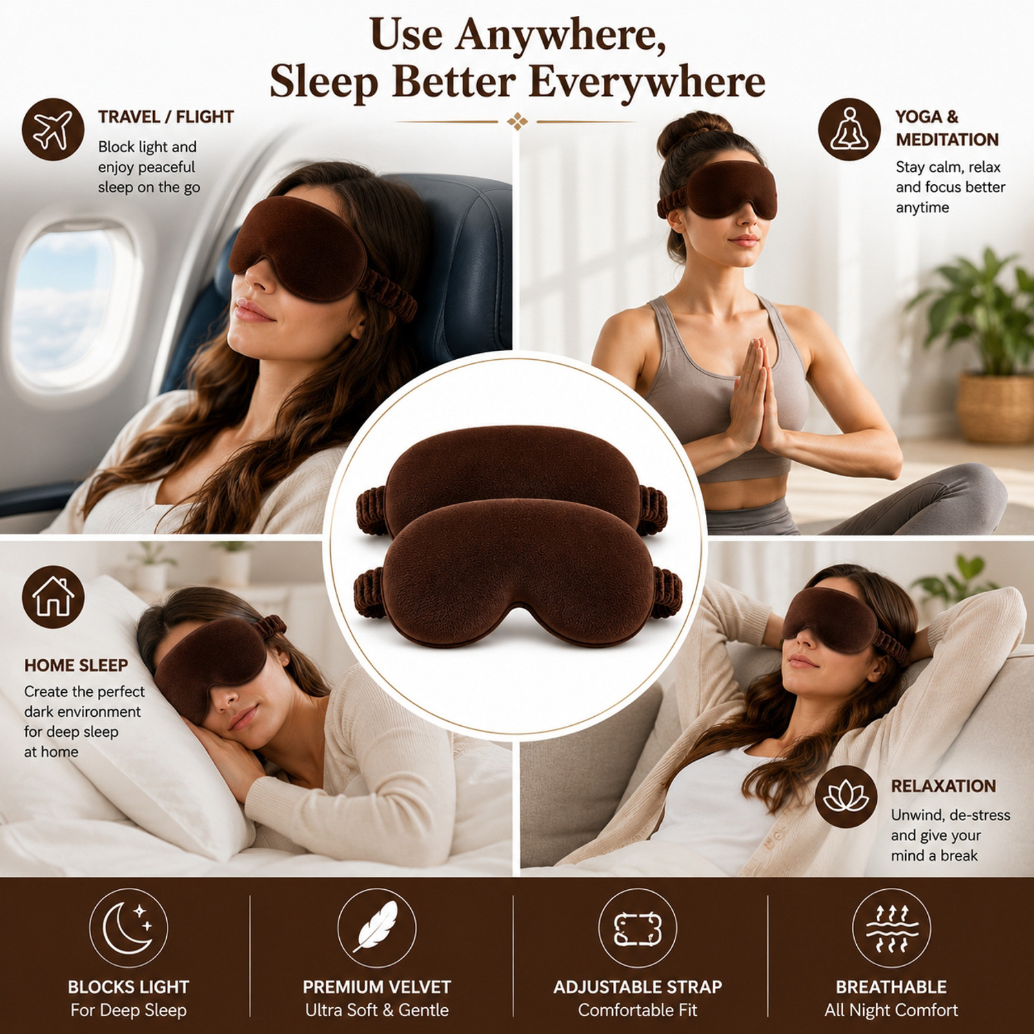 Image of Deri Bella Lifestyle Brown Premium Soft Velvet Sleep Eye Mask | Ultra Soft & Gentle Light Blocking