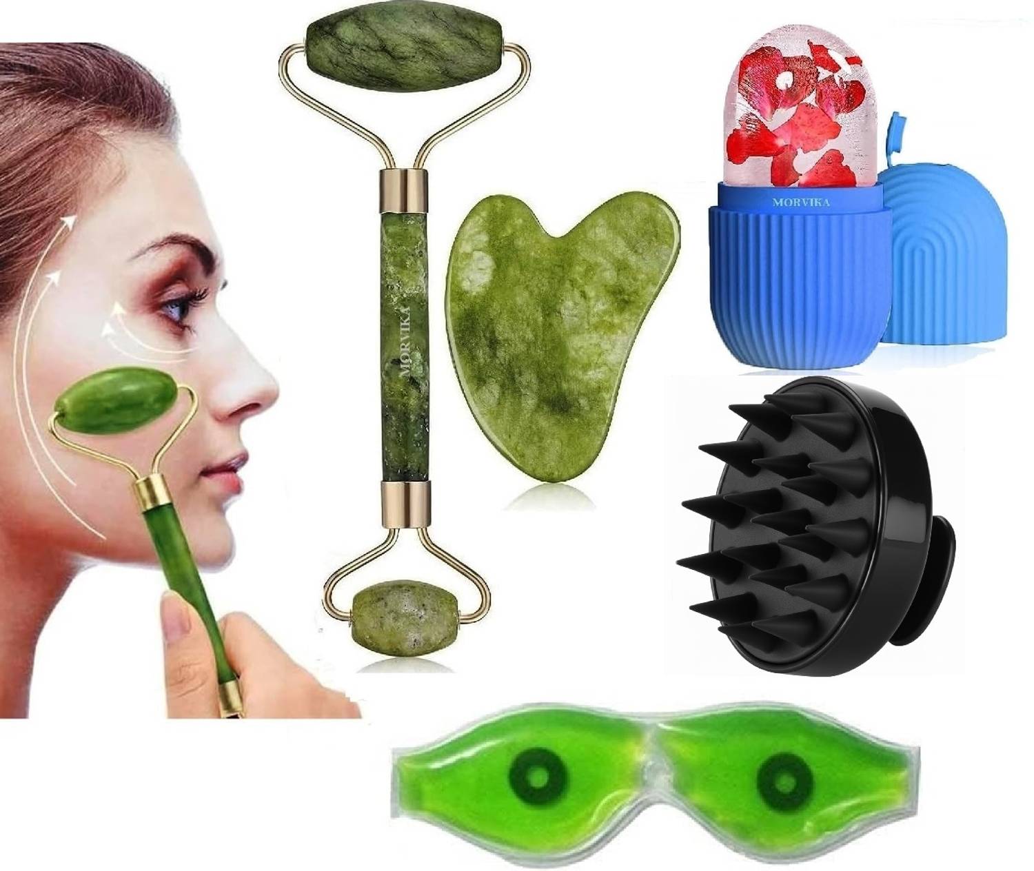 MORVIKA Jade Rollerwith Gua Sha Stone | Ice Roller For Face Women Skin | Hair Scalp Massager, Soft Shampoo Brush for Hair Growth | Aloe Vera Cool Gel Eye Mask Massager - Image 1