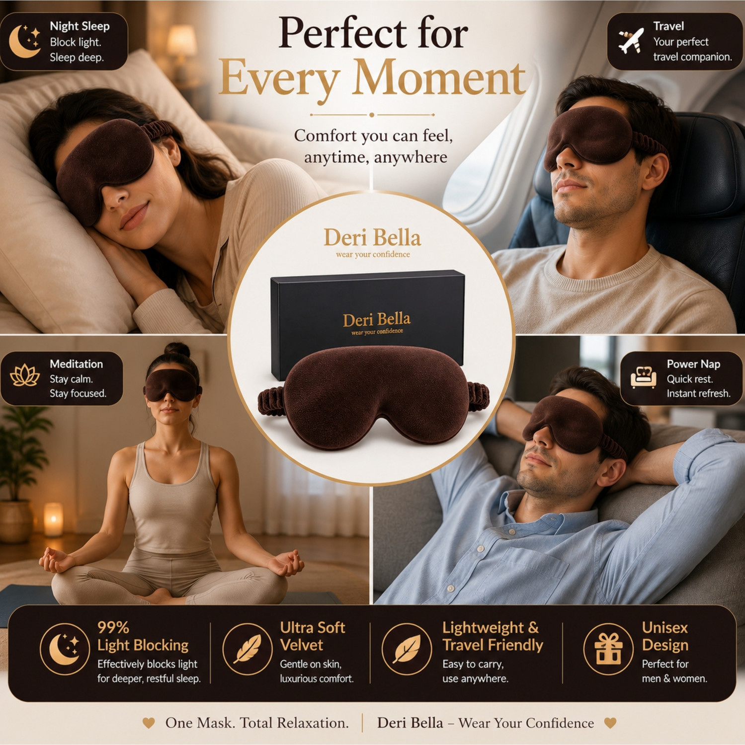 Image of Deri Bella Lifestyle Brown Premium Soft Velvet Sleep Eye Mask | Ultra Soft & Gentle Light Blocking