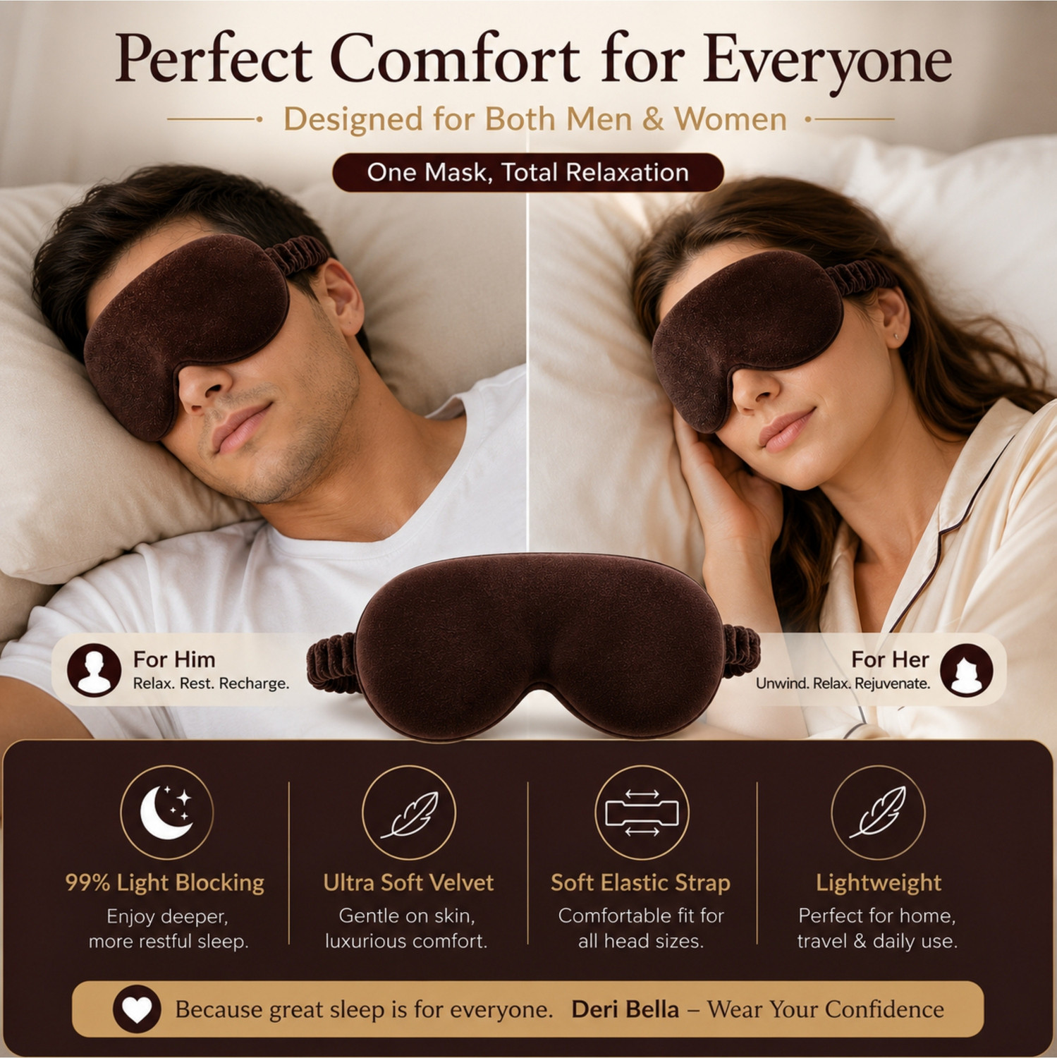Image of Deri Bella Lifestyle Brown Premium Soft Velvet Sleep Eye Mask | Ultra Soft & Gentle Light Blocking