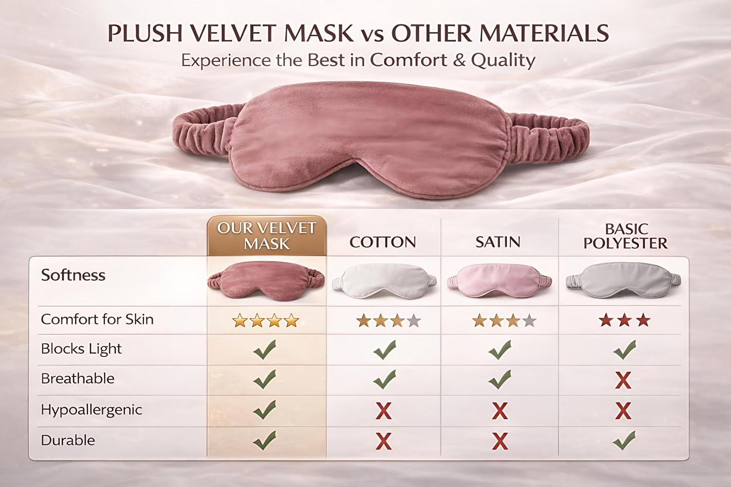 Image of Deri Bella Lifestyle Premium and Unisex Dusty Pink Velvet Eye Mask with Elastic Strap for Sleeping (2 Unit)