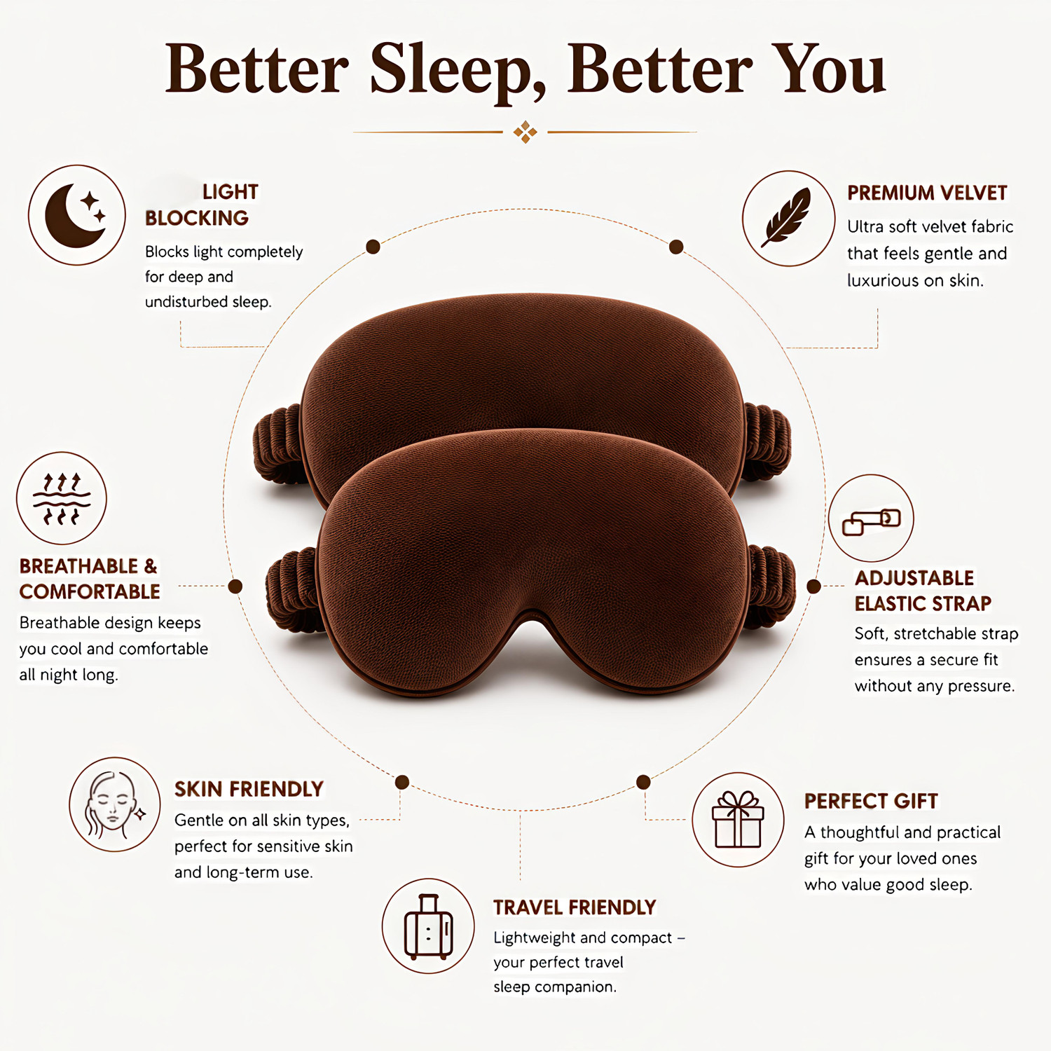 Image of Deri Bella Lifestyle Brown Premium Soft Velvet Sleep Eye Mask | Ultra Soft & Gentle Light Blocking