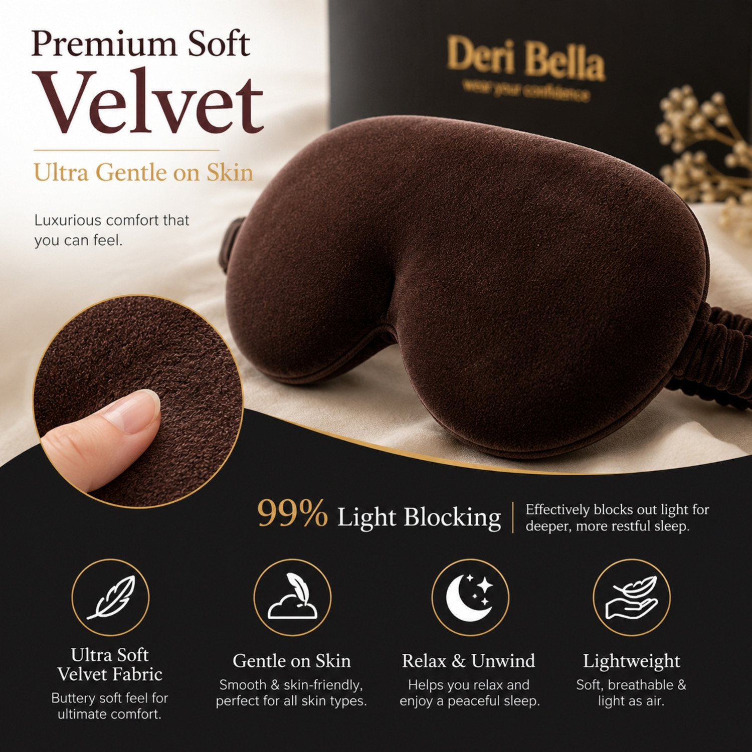 Image of Deri Bella Lifestyle Brown Premium Soft Velvet Sleep Eye Mask | Ultra Soft & Gentle Light Blocking