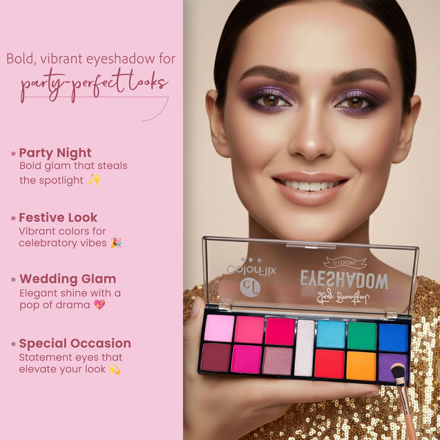 Image of ColorFlix Multi-Color Eyeshadow Palette with Matte & Glitter Shades Highly Pigmented 14 g (Party Tones)