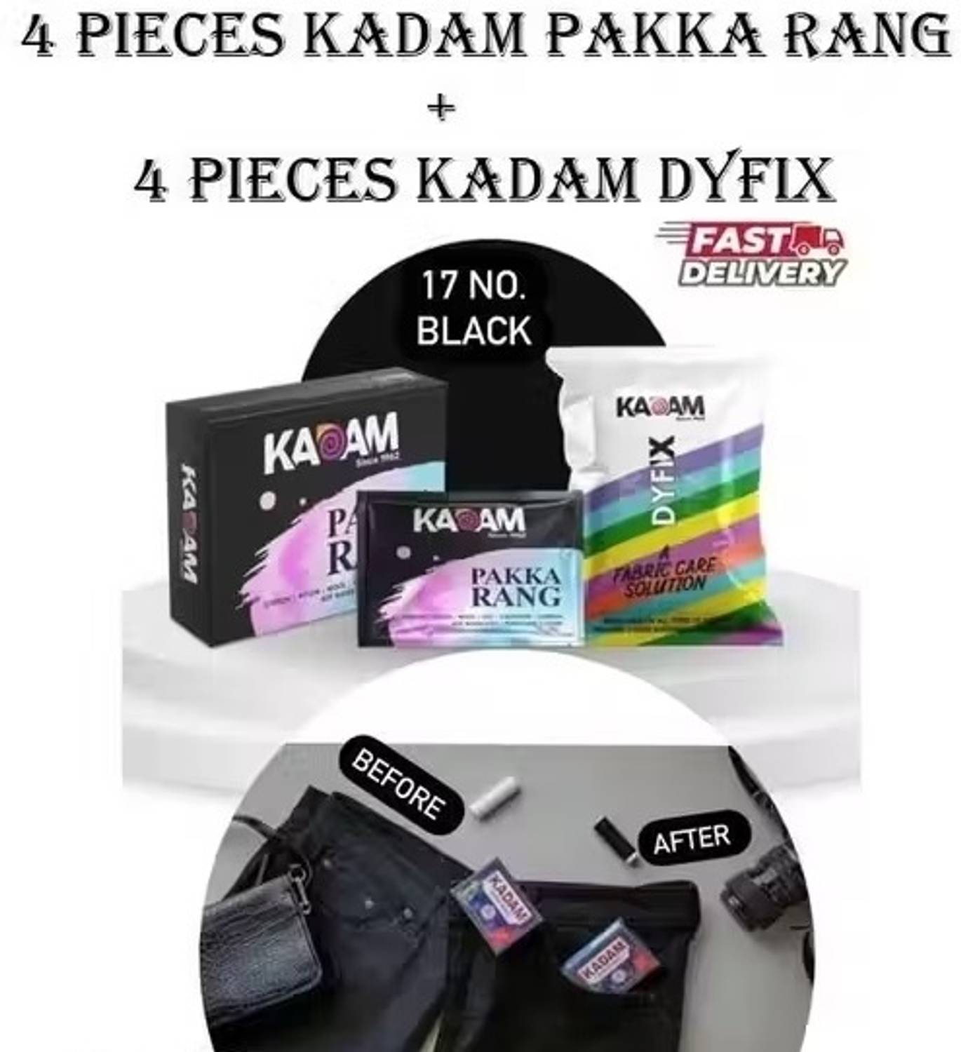 KADAM Pakka Rang Fabric Dye Colour | Black-20g (5g*4) + DyFix