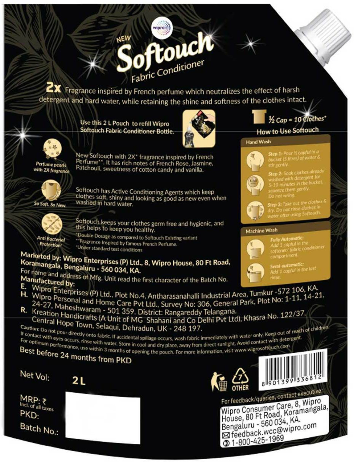Image of Softouch by Wipro 2X French Perfume Liquid Fabric Conditioner with French Rose & Jasmine