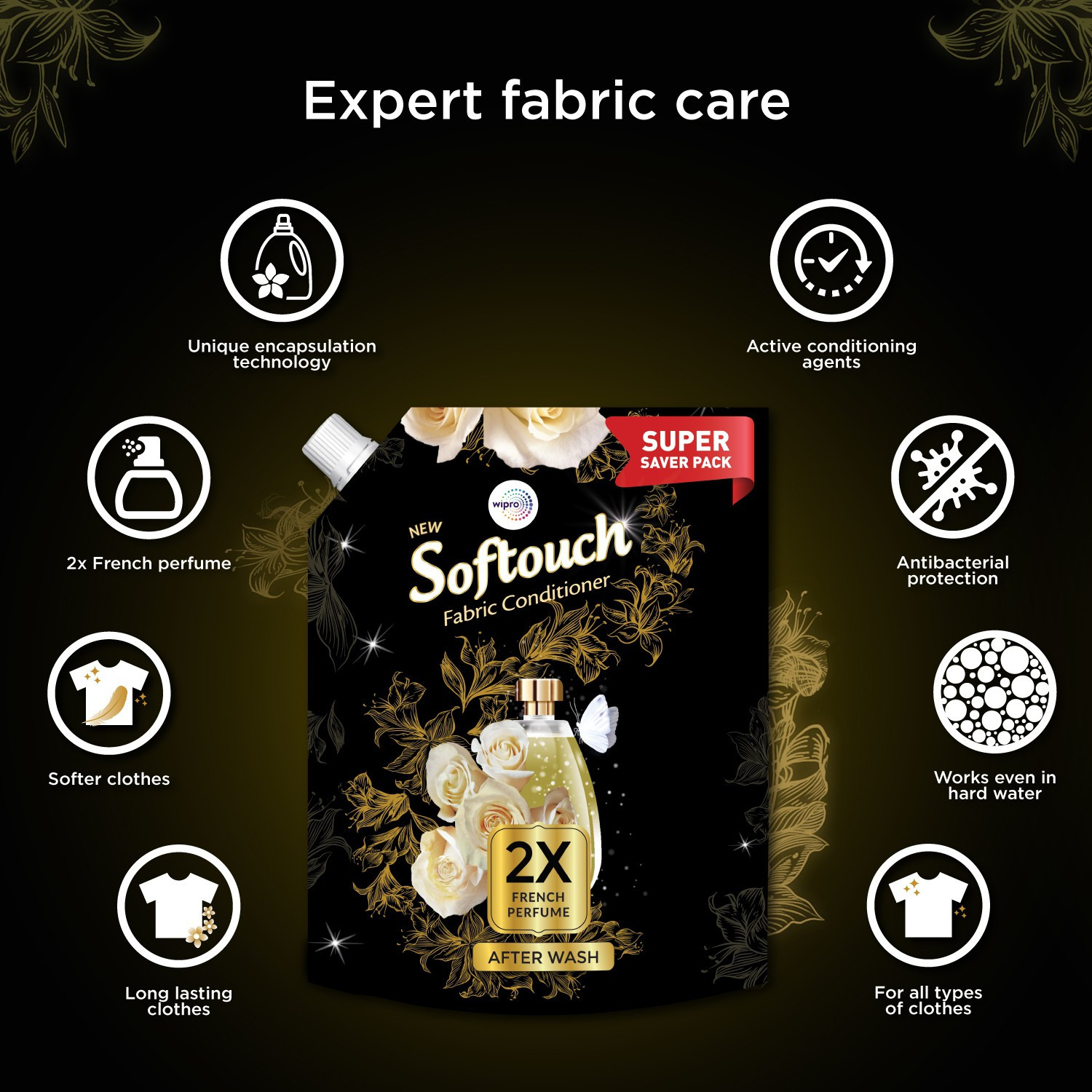 Image of Softouch by Wipro 2X French Perfume Liquid Fabric Conditioner with French Rose & Jasmine
